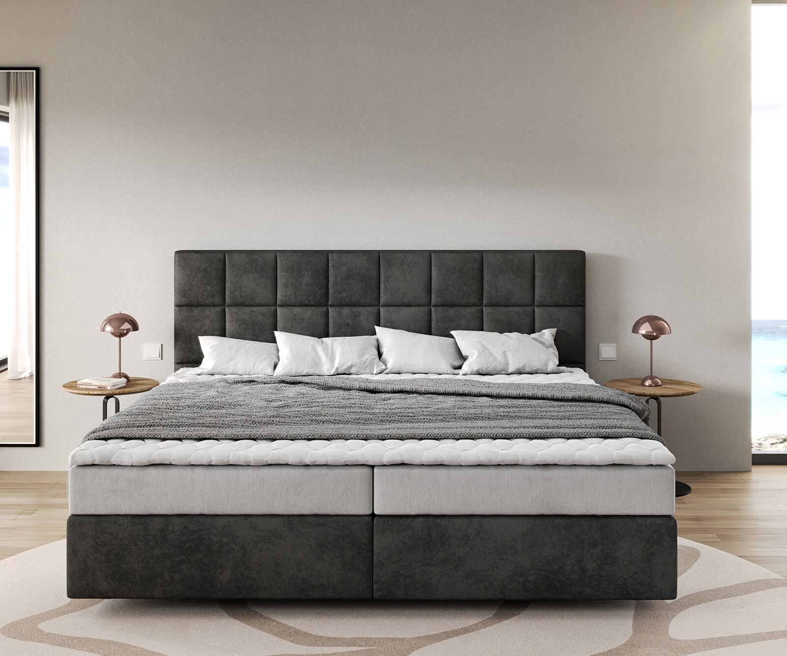 Boxspringbett Dream-Fine Mikrofaser Anthrazit Vintage 200x200 cm Bonell-Matratze PU-Topper 1