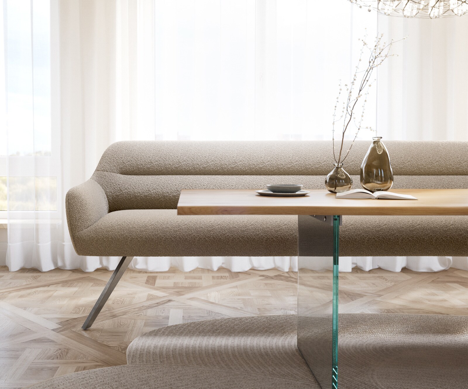 Esszimmerbank Taya-Flex 300 cm Bouclé Schlamm Kreuzgestell kantig Edelstahl Taschenfederkern 2