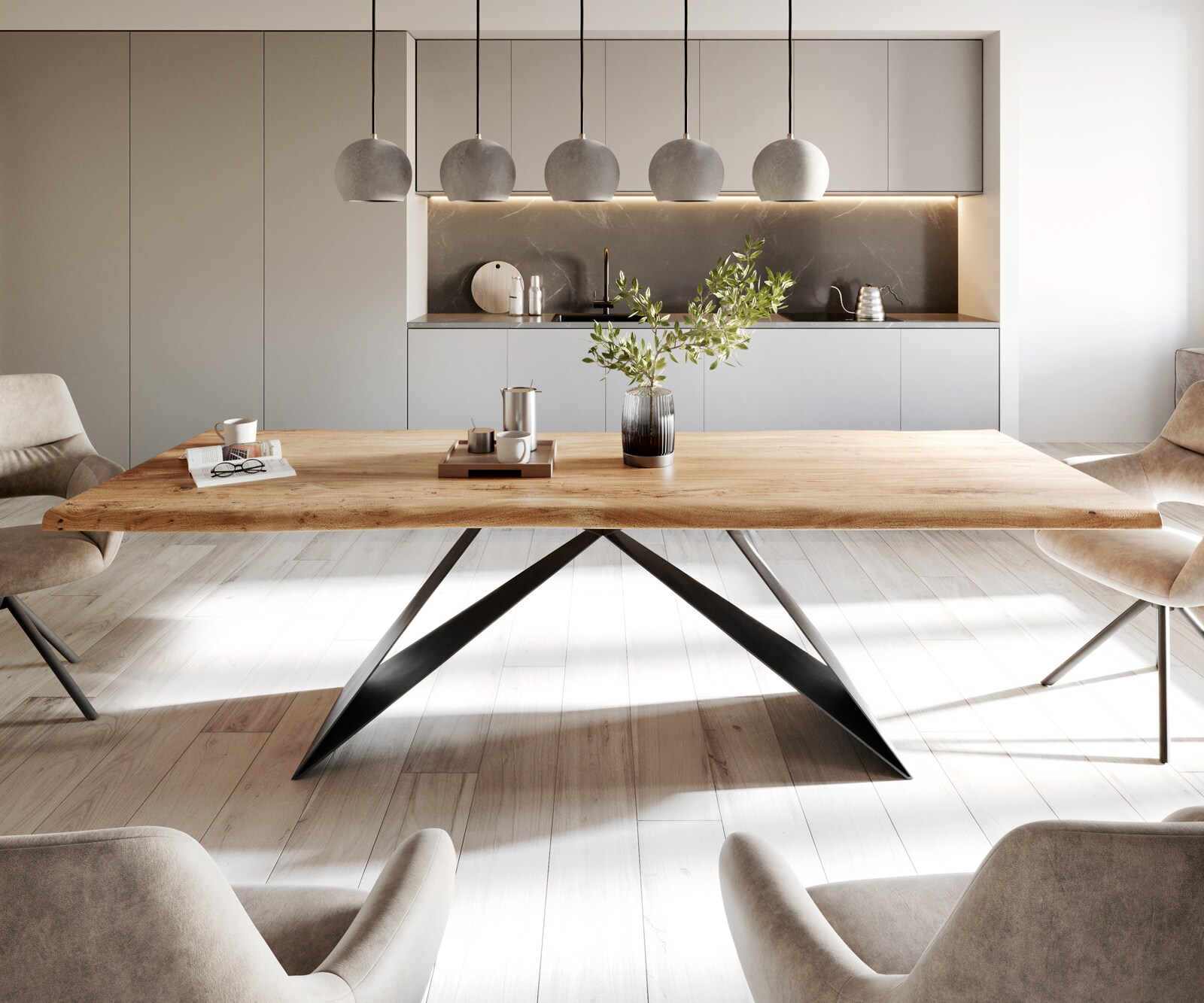Esstisch Edge 260x100 Akazie Natur V-Gestell Flachstahl Schwarz Live-Edge 1