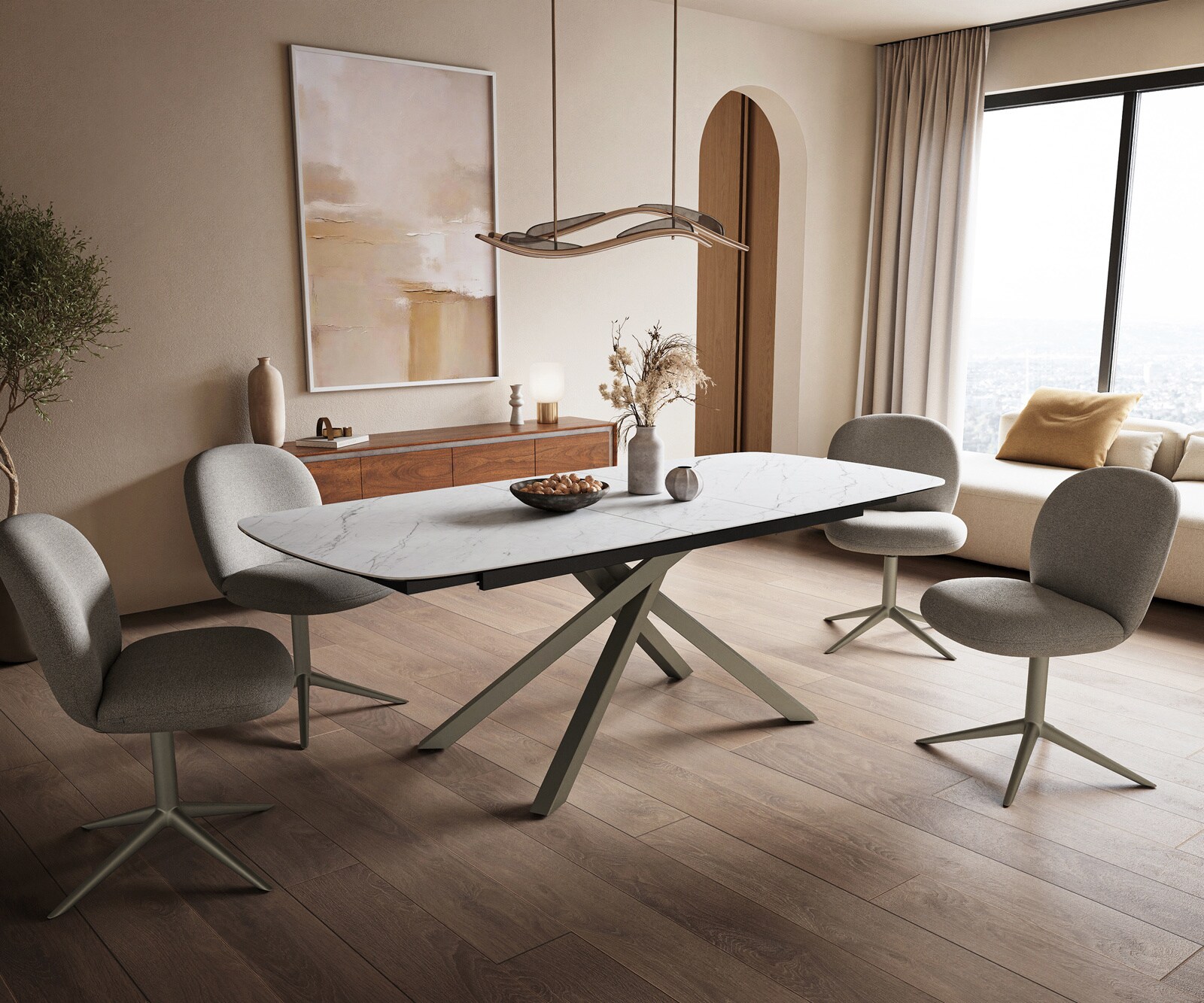 Esstisch Edge Boot 180-220x100 cm Keramik Laminam® Statuarietto Weiß Kreuzgestell Rechteck Effektfinish Titan ausziehbar 6