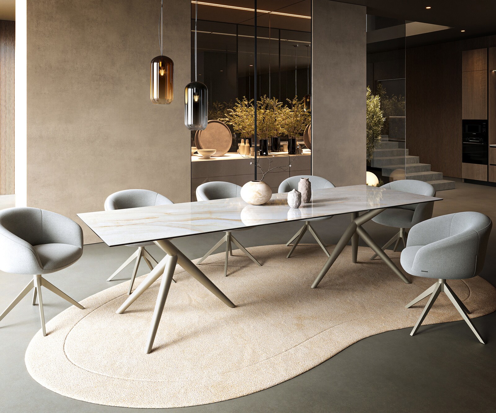 Esstisch Edge 300x100 cm Keramik Onyx Pearl Estelar rund Metall Effektfinish Titan 6
