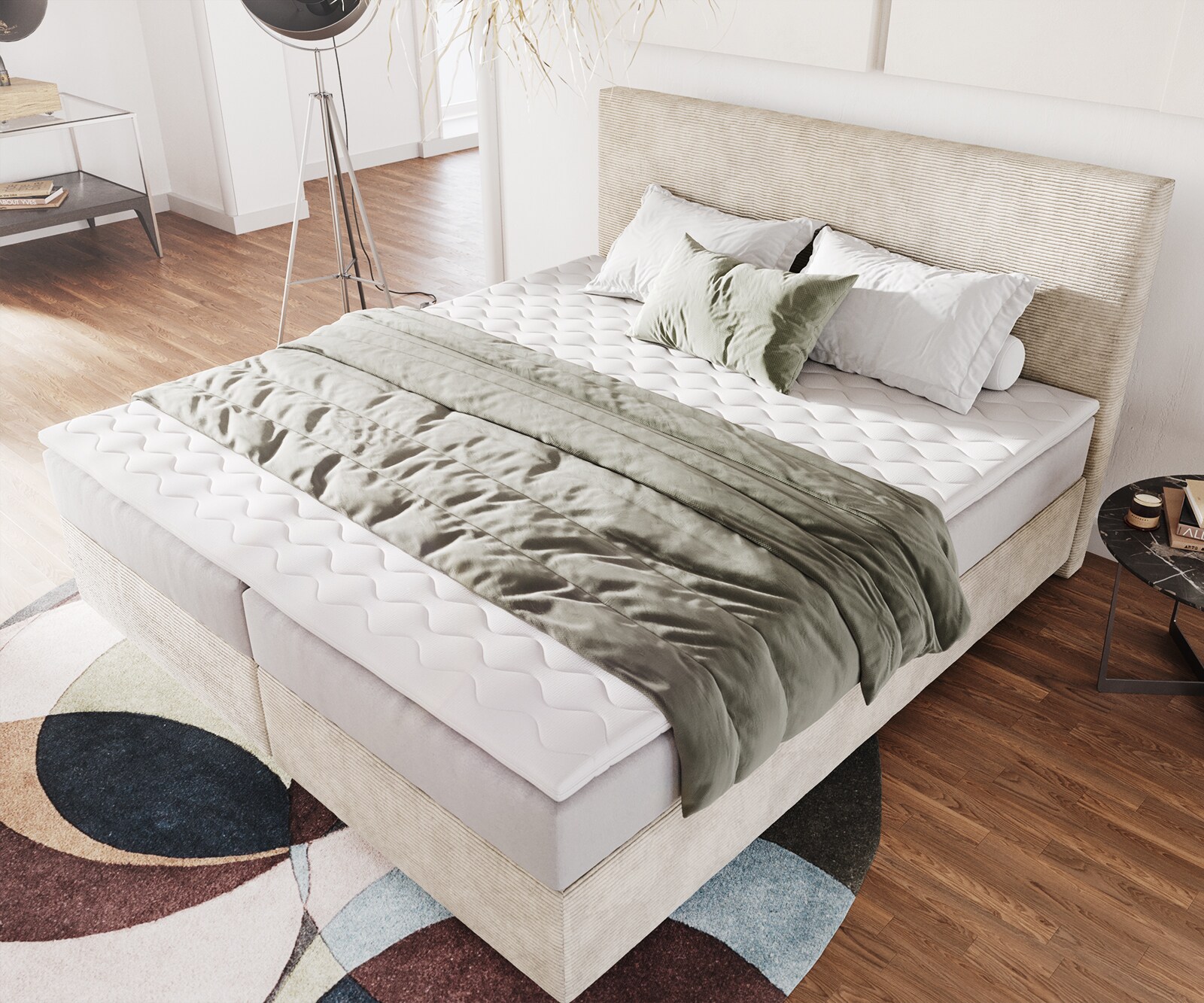 Boxspringbett Dream-Well 180x200 cm Cord Beige mit Taschenfederkernmatratze und Topper Visco 3