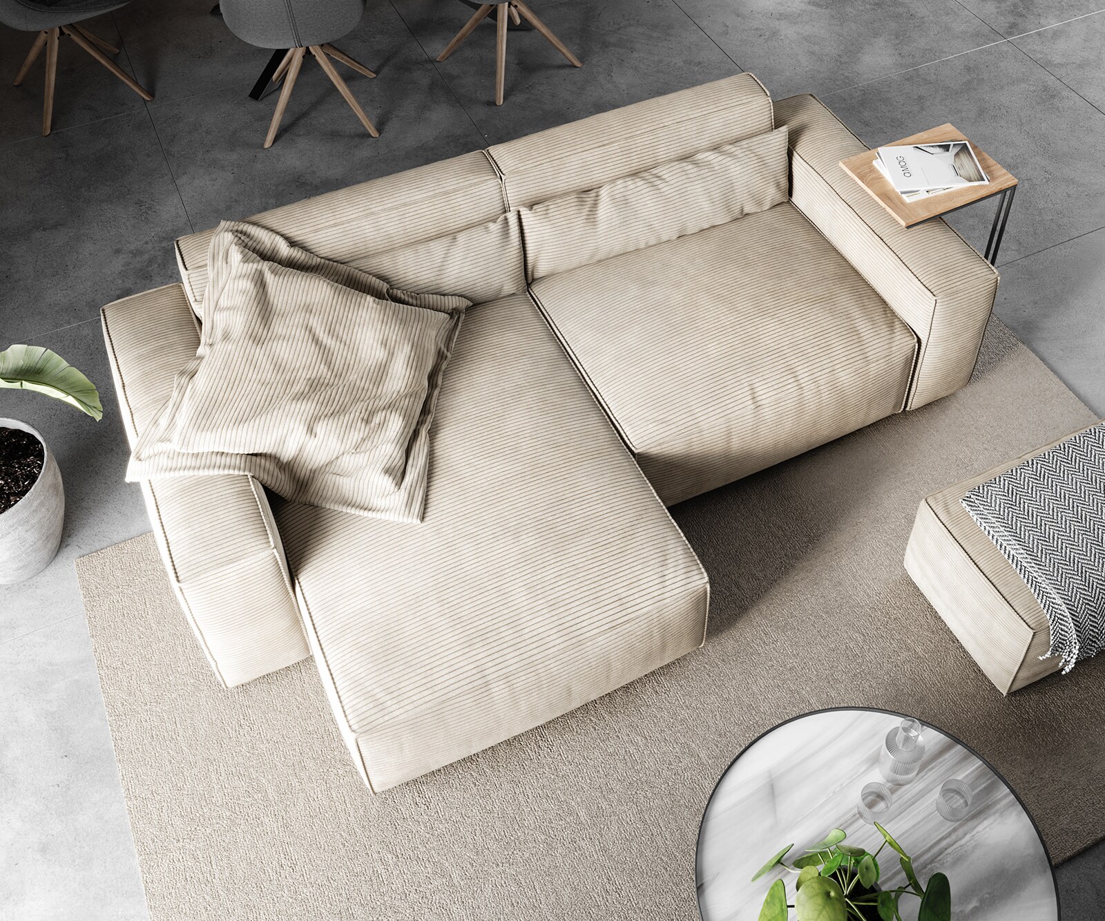 Ecksofa Sirpio 230x155 cm Cord Beige Recamiere variabel mit Hocker 3