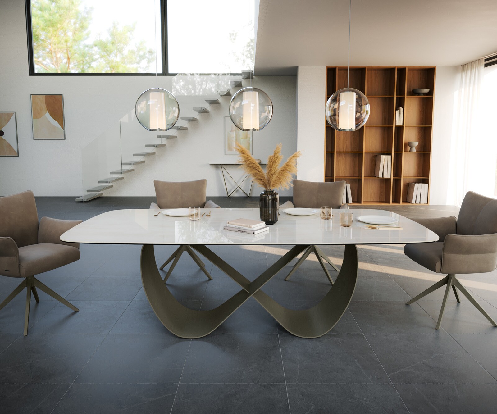 Esstisch Edge Boot 240x120 cm Keramik Onyx Champagne Infinity Metall Effektfinish Titan 1