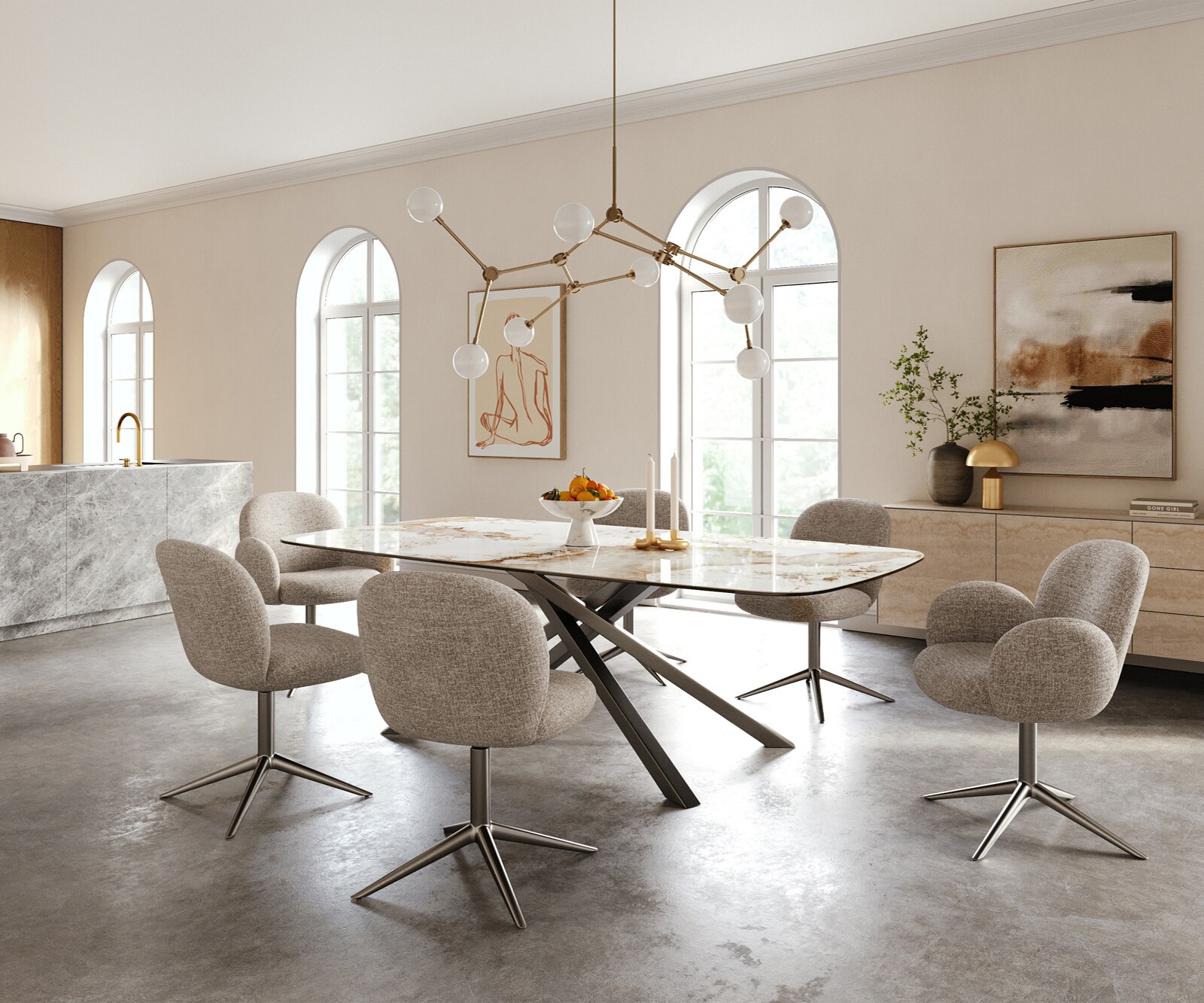 Esstisch Edge Boot 240x120 cm Keramik Minas Melange Weiß-Beige Kreuzgestell Rechteck Edelstahl Graphit 6