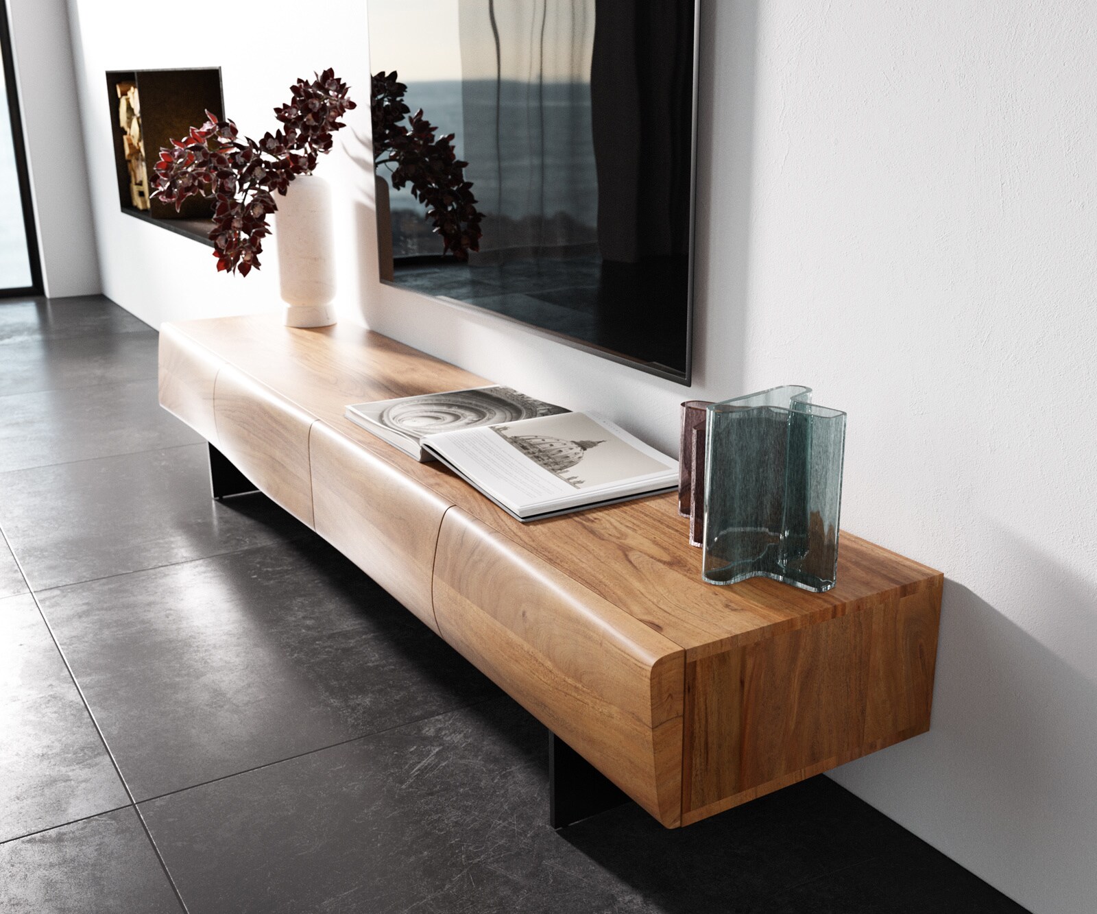 Lowboard New Live-Edge 200 cm Akazie Natur 4 Türen Fuß schwebend Metall Schwarz 1