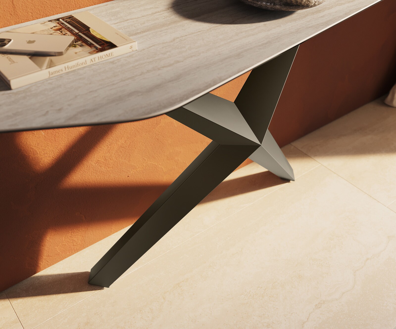 Konsolentisch Edge Polygonal 180x50 cm Keramik Laminam® Travertino Bianco Creme-Weiß Zentharo Metall Effektfinish Titan 5