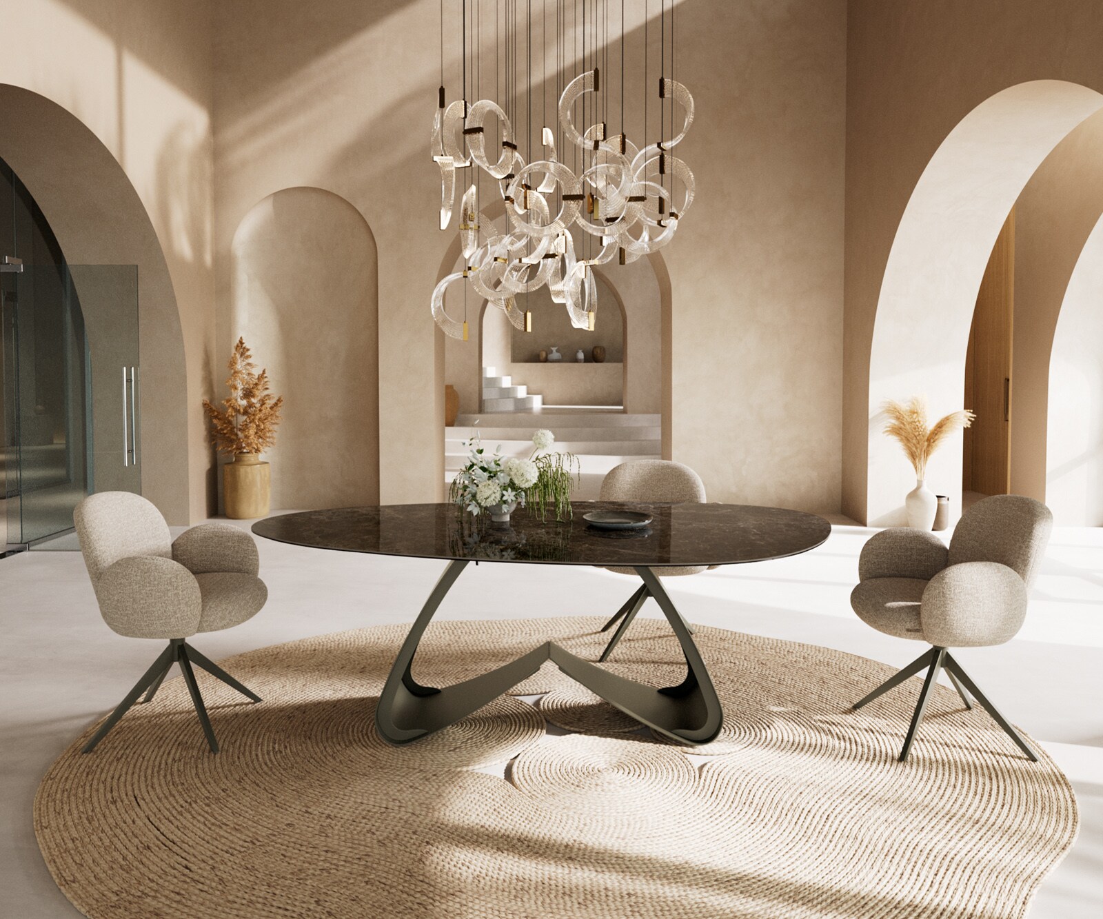 Esstisch Edge Oval 220x120 Keramik Laminam® Emperador Extra Lucidato Dunkelbraun W-Gestell Metall Effektfinish Titan 4