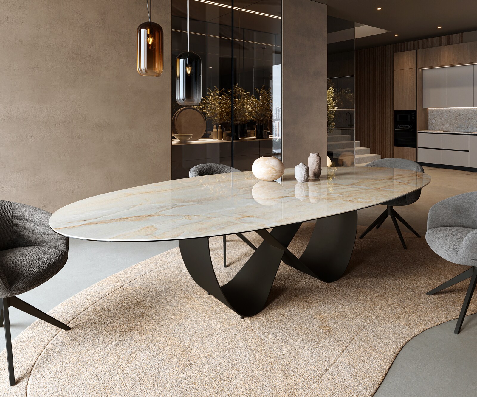 Esstisch Edge Oval 315x150 cm Keramik Iris FMG Onice Oro Infinity Metall Schwarz