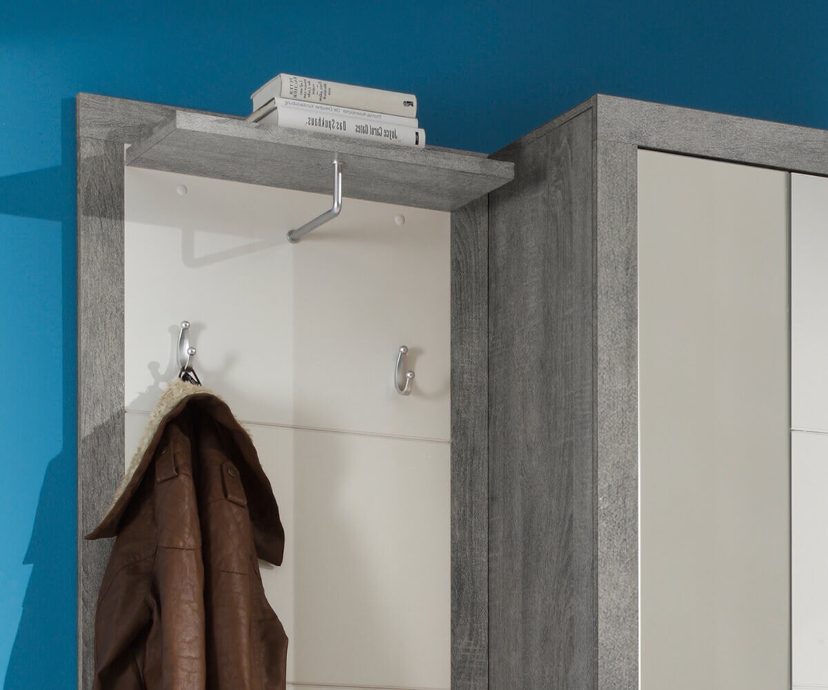 Dielenmöbel Shandor 60x195 Weiss Hochglanz Grau Sitzbank 1