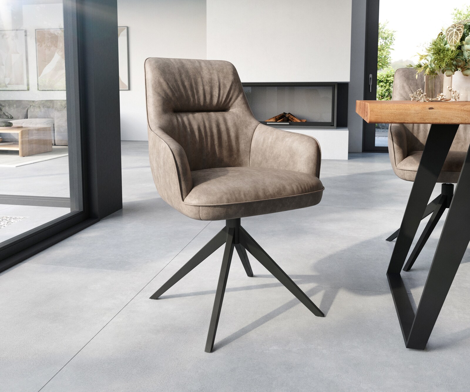 Esszimmerstuhl Zelia-Flex mit Armlehnen Mikrofaser Taupe Vintage Kreuzgestell breit Schwarz Taschenfederkern