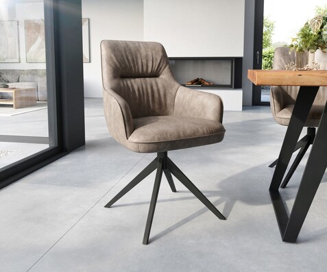 Esszimmerstuhl Zelia-Flex mit Armlehnen Mikrofaser Taupe Vintage Kreuzgestell breit Schwarz Taschenfederkern