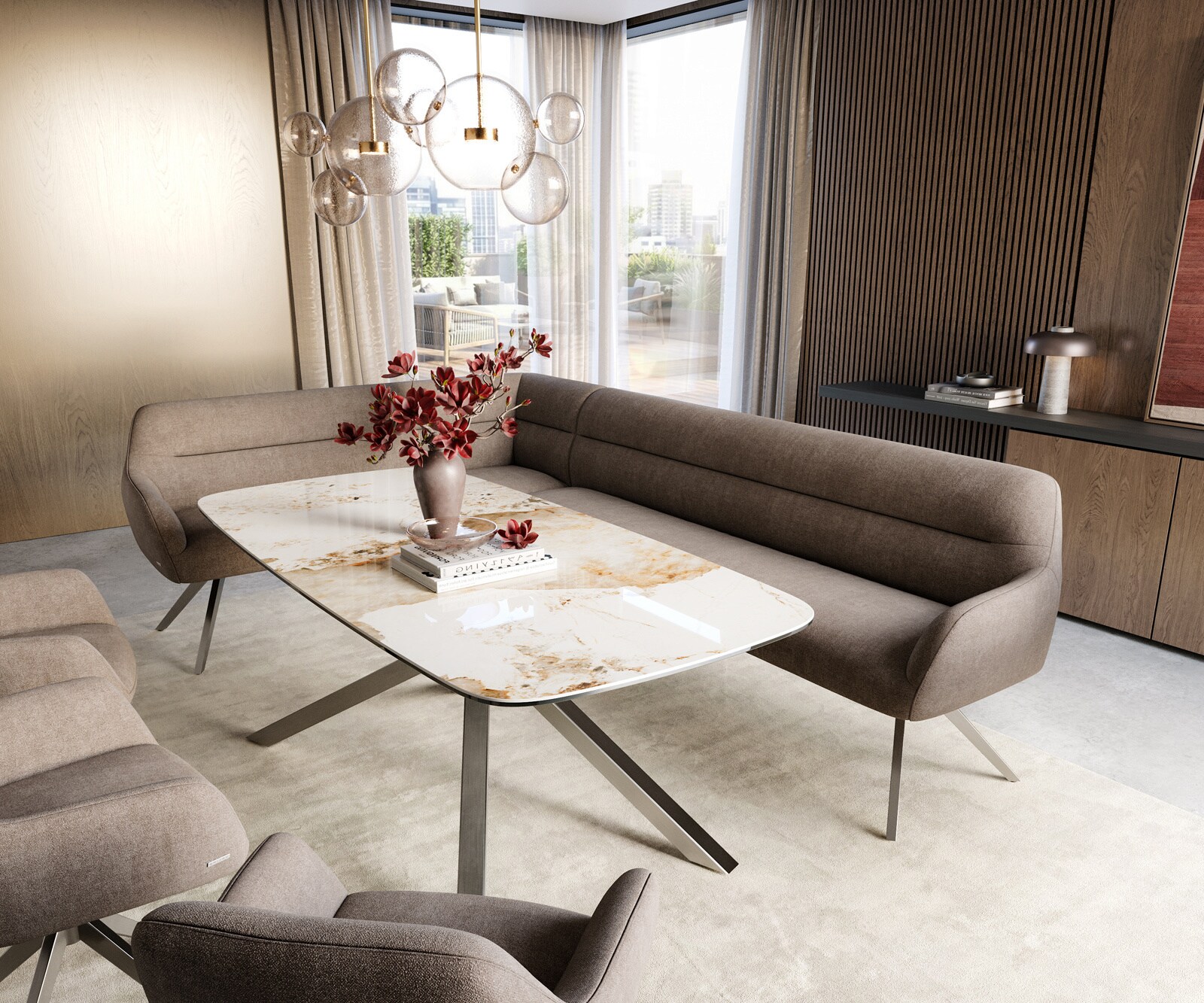 Esszimmerbank Taya-Flex 285x190 cm Strukturstoff Soft Taupe Kreuzgestell kantig Edelstahl Taschenfederkern Rechts