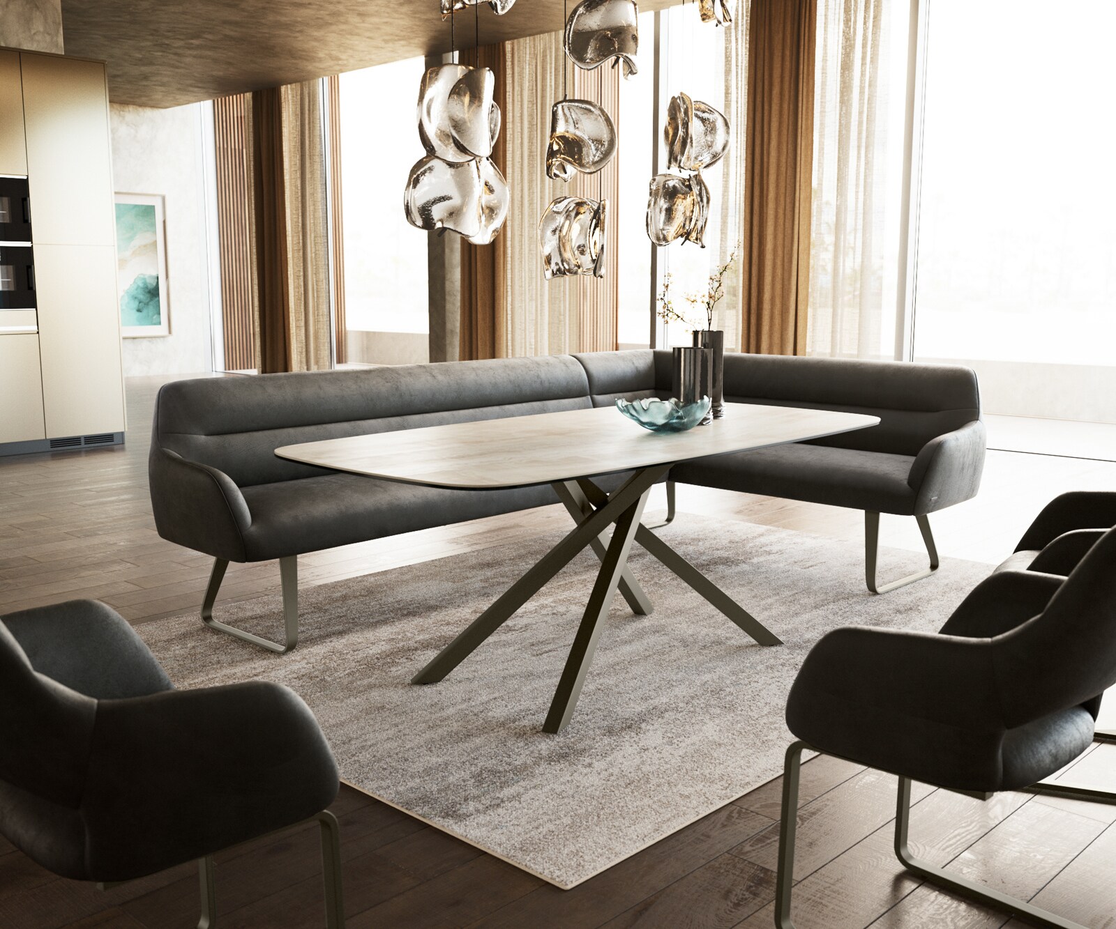 Esszimmerbank Taya-Flex 285x190 cm Mikrofaser Anthrazit Vintage Kufengestell flach Effektfinish Titan Taschenfederkern Links 1