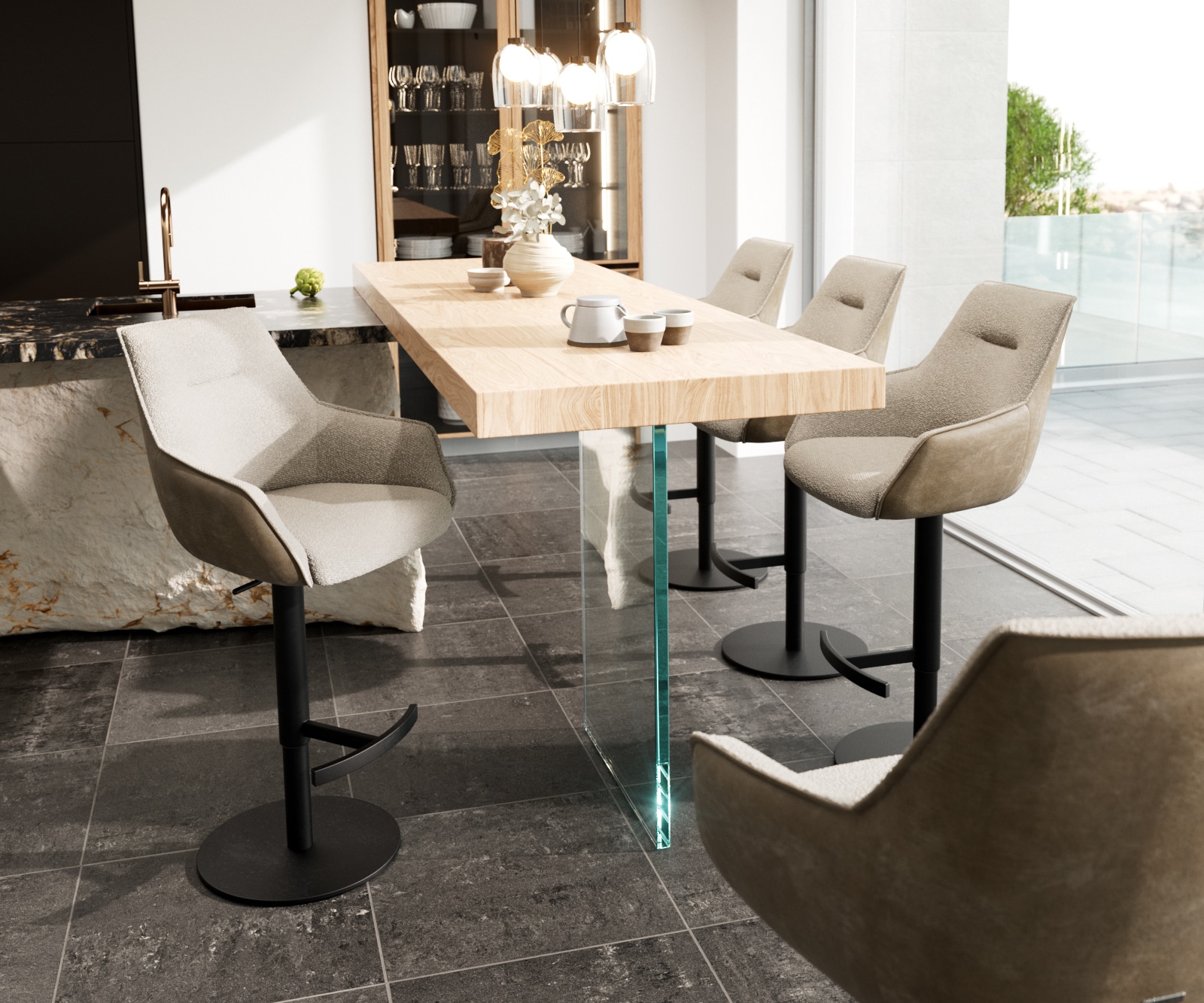 Barstuhl Alja-Flex Materialmix Mikrofaser Schlamm / Bouclé Schlamm Drehfußhöhenverstellbar Metall Schwarz drehbar Taschenfederkern 4