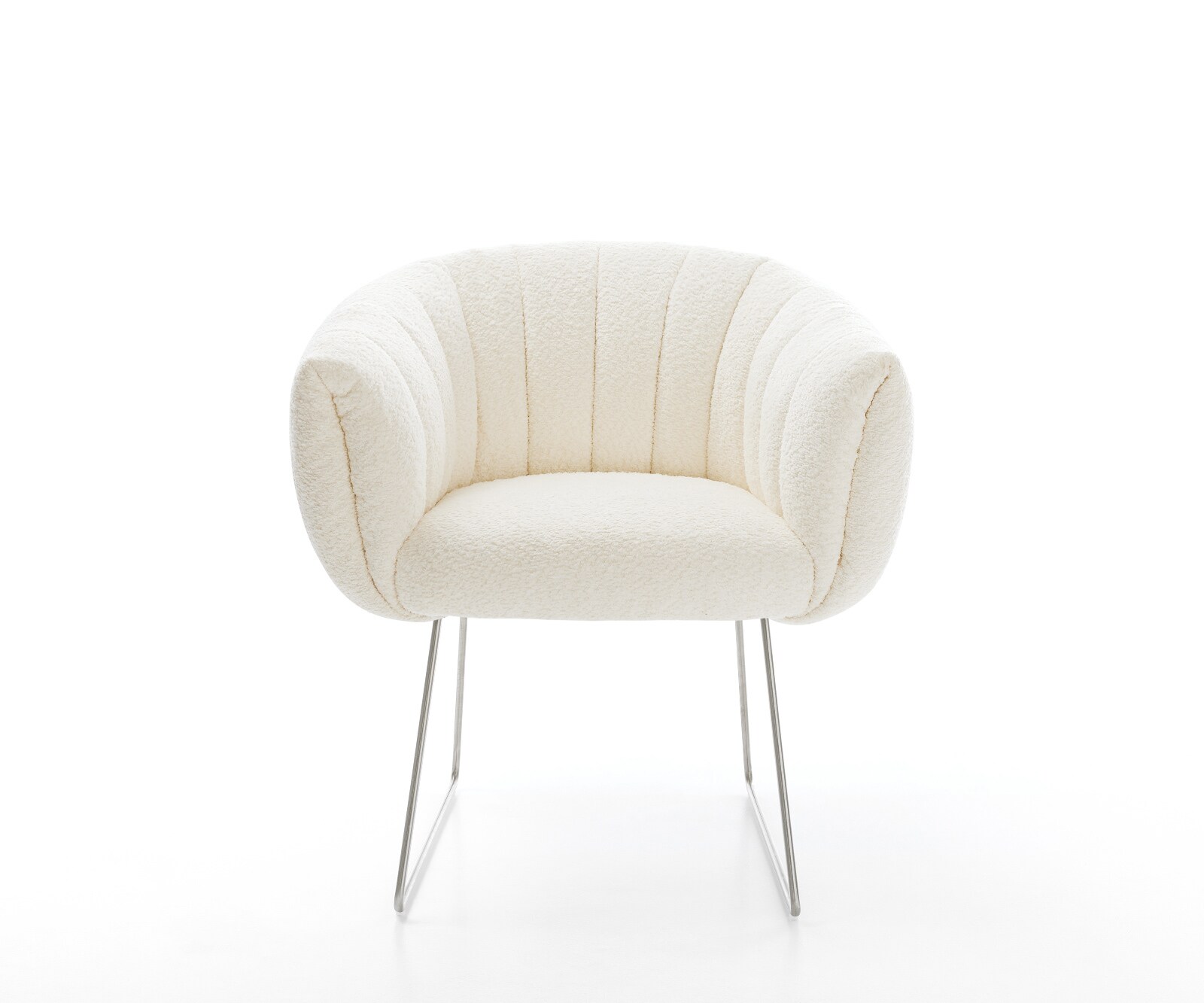 Esszimmerstuhl Jada-Flex Bouclé Weiß Kufengestell Edelstahl Taschenfederkern 1