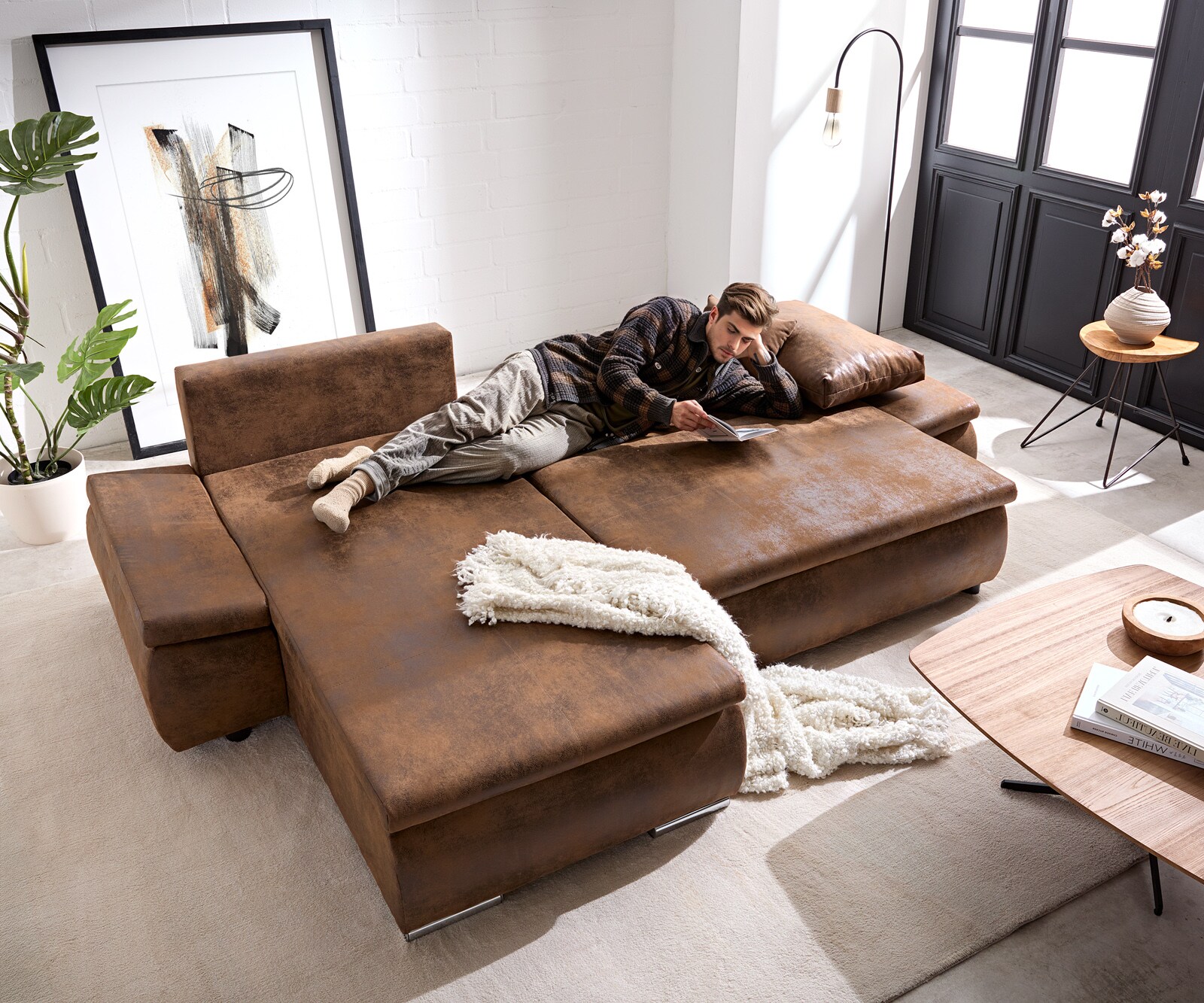 Ecksofa Abilene 260x175 cm Braun Ottomane variabel mit Schlaffunktion 3