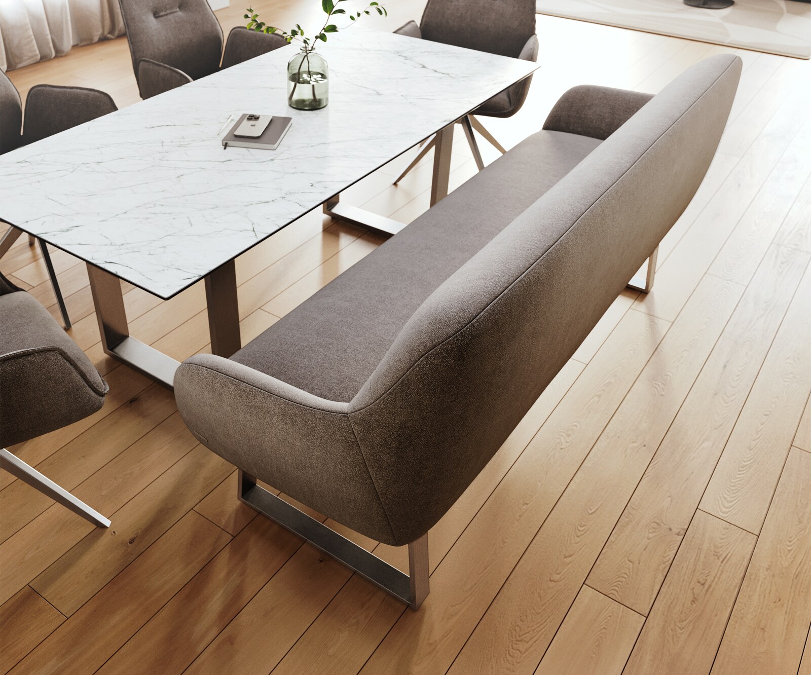 Esszimmerbank Taya-Flex 200 cm Strukturstoff Soft Taupe Kufengestell kantig Edelstahl Taschenfederkern 4