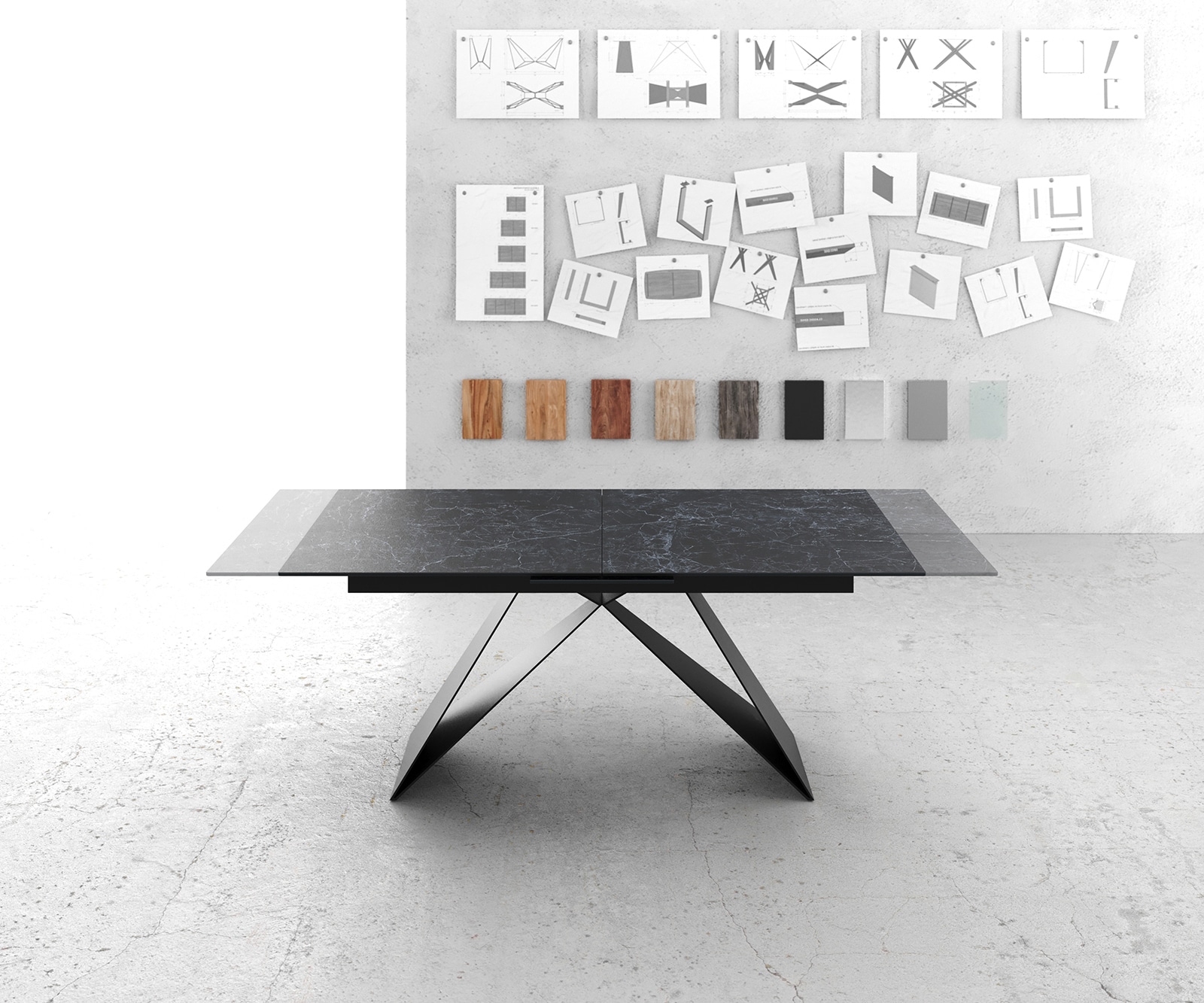 Esstisch Edge 180-220x90cm Keramik Laminam®Nero Greco Anthrazit V-Mittelfuß Schwarz ausziehbar 6