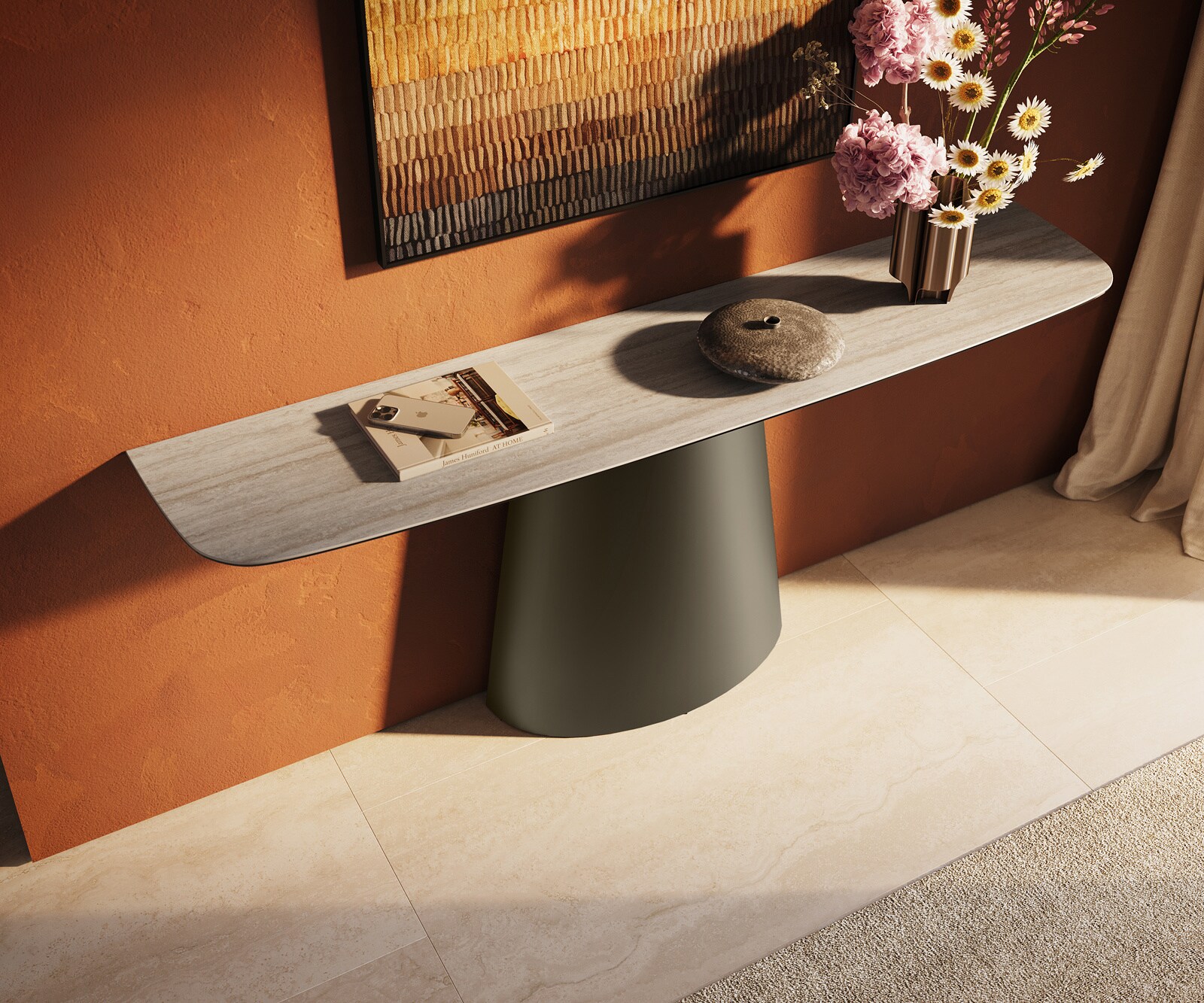 Konsolentisch Edge Boot 180x40 cm Keramik Laminam® Travertino Bianco Creme-Weiß Conos Metall Effektfinish Titan 3