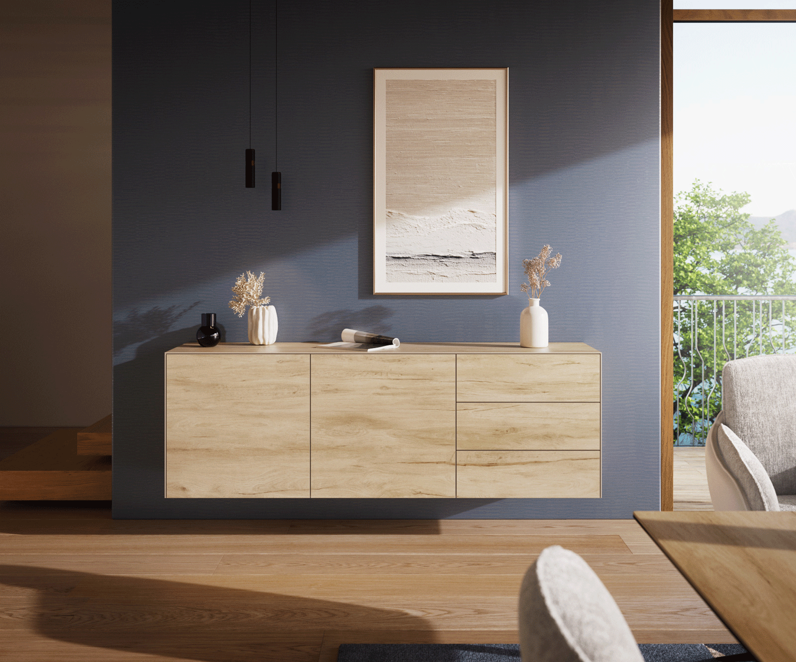 Sideboard Cuor 180 cm Keramik Laminam® Sabbia Eichefarbig 2 Türen 3 Schubfächer Schwebend 2