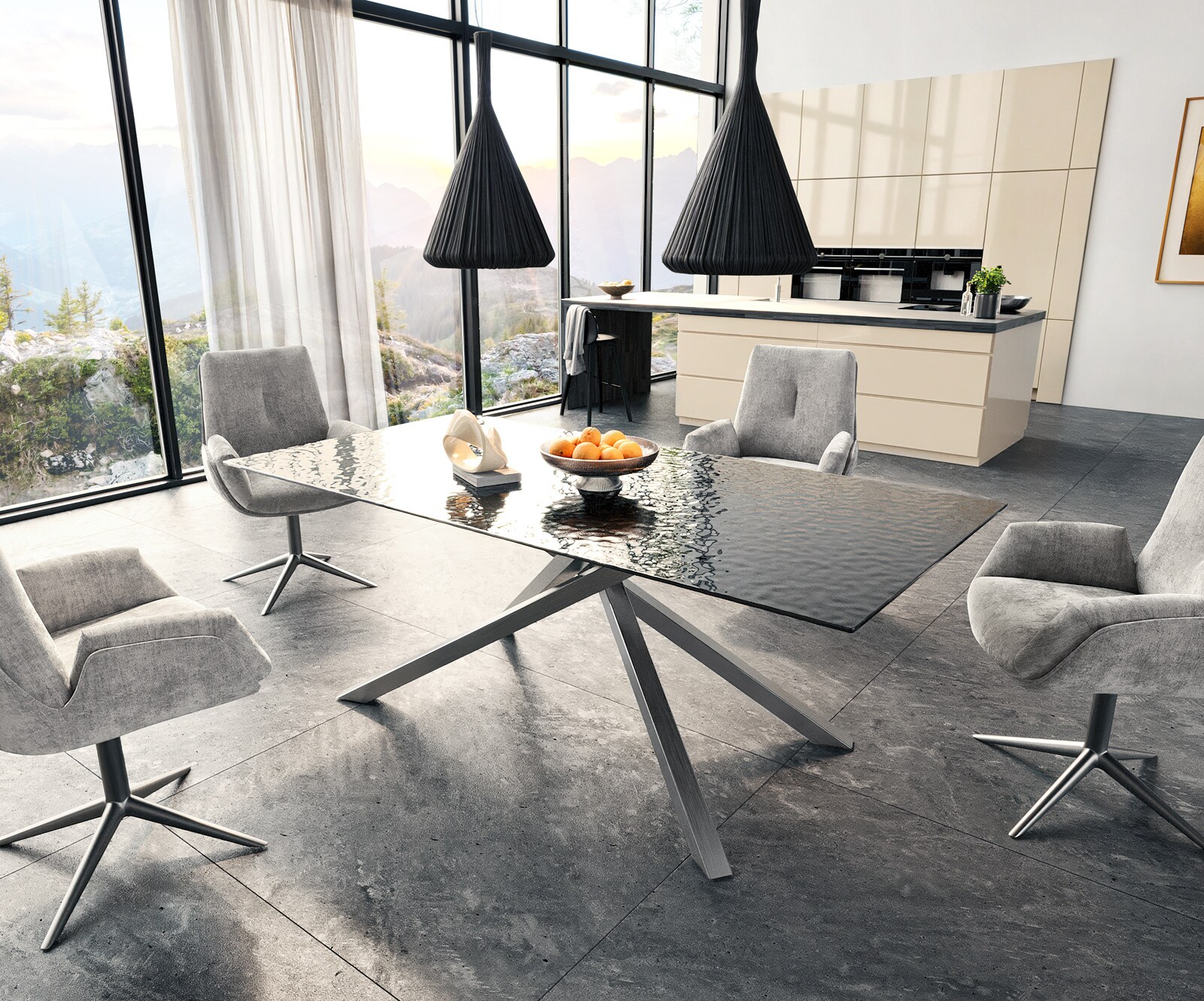Esstisch Edge 200x100 Reliefglas Rauchschwarz 3D-Design Kreuzgestell Rechteck Edelstahl 6