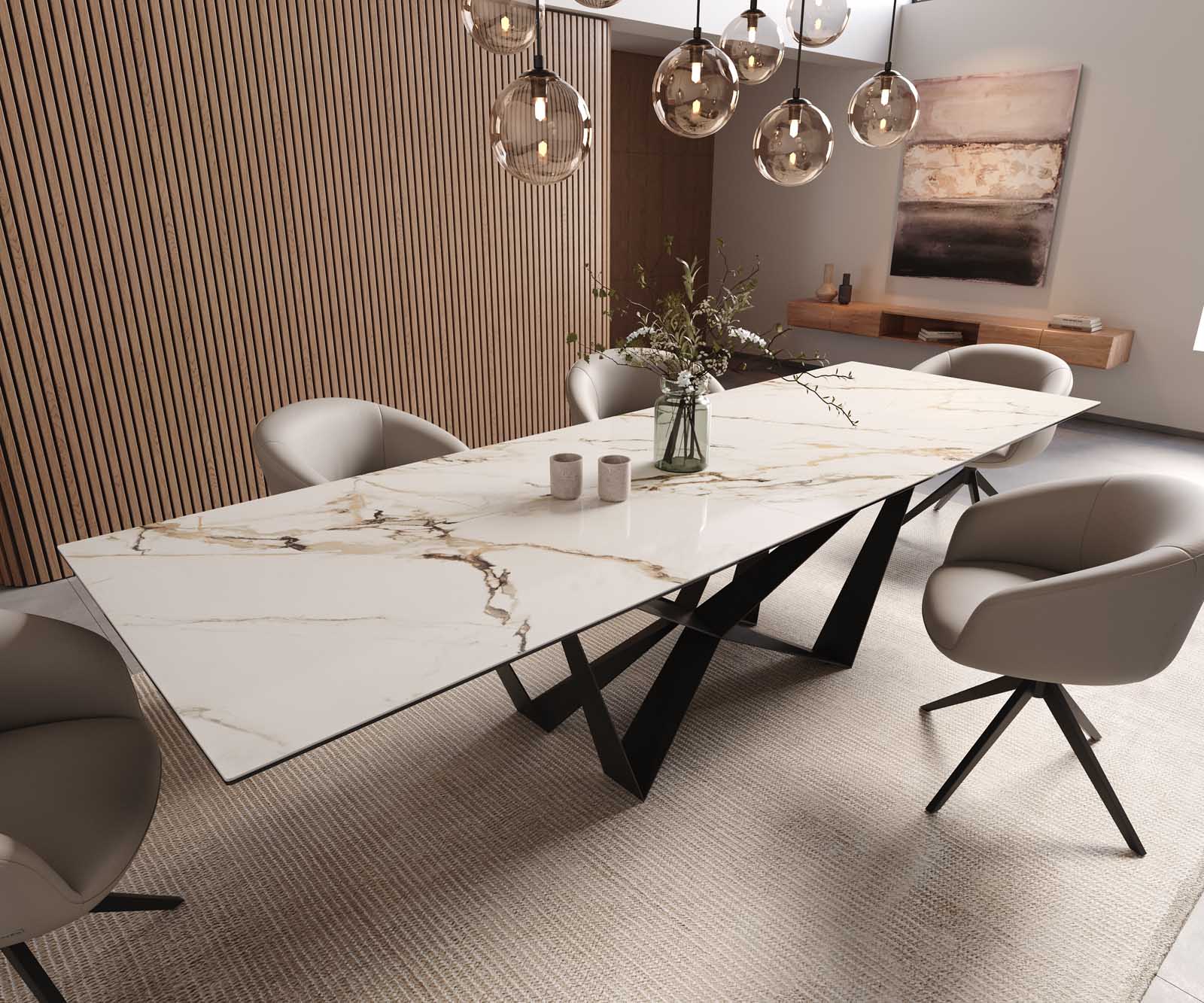 Esstisch Edge 300x100 Keramik Calacatta Luxe Weiß-Gold-Grau Spider Flachstahl Schwarz