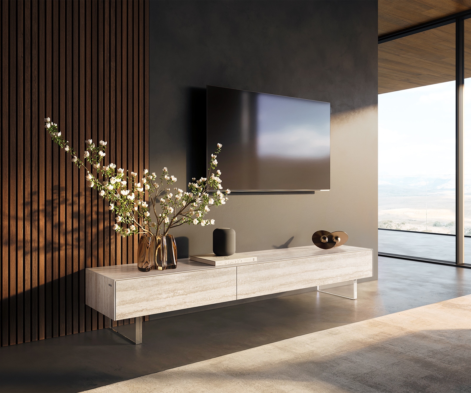 Lowboard Cuor 200 cm Keramik Laminam® Travertino Bianco Creme-Weiß 1 Klappe 1 Schubfach Fuß Schwebeoptik Acrylglas