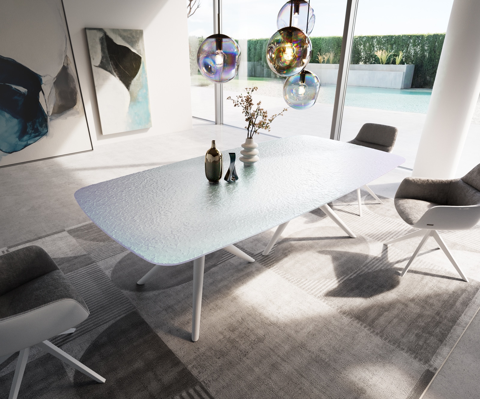 Esstisch Edge Boot 240x120 Reliefglas Perlmutt 3D-Design Estelar rund Metall Weiß 1 Esstisch Edge Boot 240x120 Reliefglas Perlmutt 3D-Design Estelar rund Metall Weiß 1