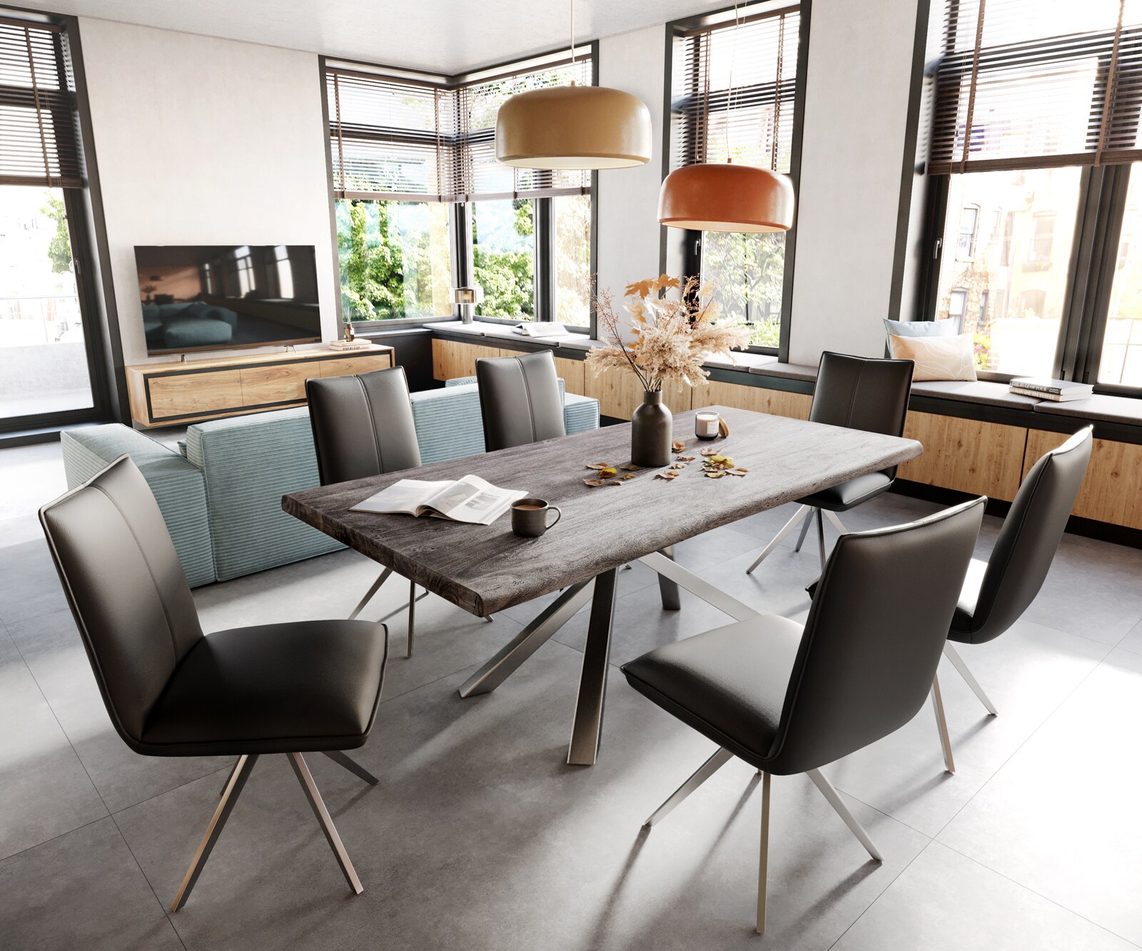 Esstisch Edge 200x100 XL Akazie Platin Kreuzgestell Rechteck Edelstahl Live-Edge 5