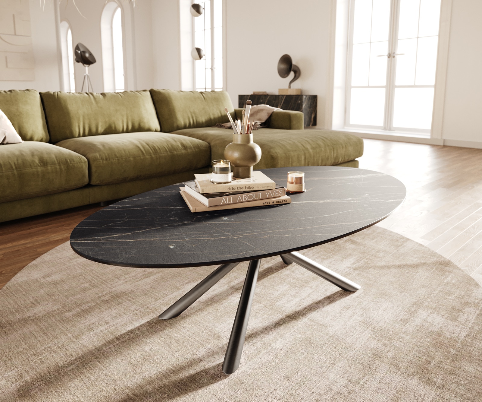 Couchtisch Edge Oval 140x80 cm Keramik Laminam® Noir Desir Braun Sarity Edelstahl gebürstet