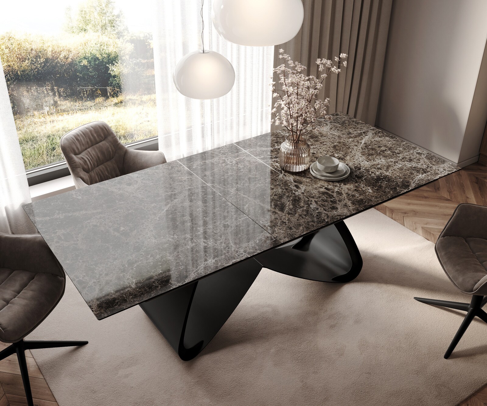 Esstisch Edge 180-220x100 Keramik Laminam® Emperador Extra Lucidato Dunkelbraun W-Gestell Schwarz ausziehbar 3
