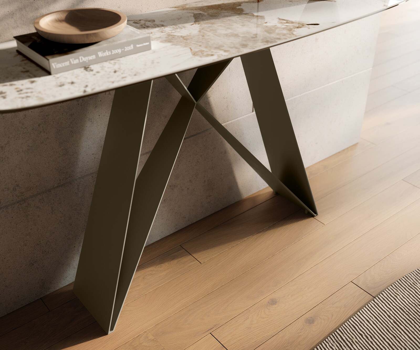 Konsolentisch Edge Boot 140x40 cm Keramik Minas Melange Weiß-Beige Velio Metall Effektfinish Titan 5