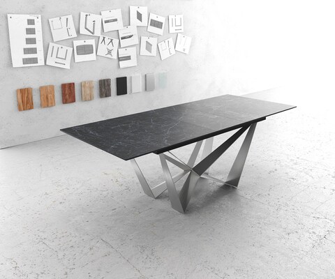 Esstisch Edge 180-220x100cm Keramik Laminam®Nero Greco Anthrazit Mittelfuß Flachstahl Silber ausziehbar
