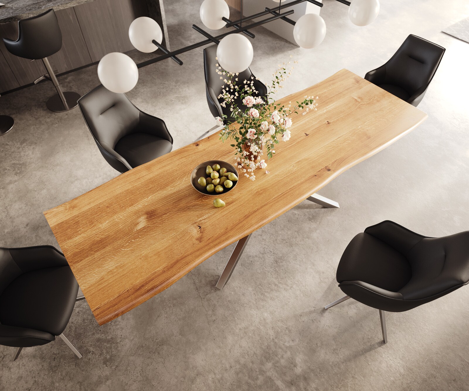 Esstisch Edge 300x100x4 Eiche Natur Kreuzgestell Rechteck Edelstahl Live-Edge 3