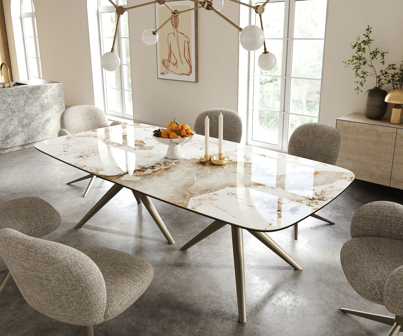 Esstisch Edge Boot 240x120 cm Keramik Minas Melange Weiß-Beige Estelar rund Metall Effektfinish Titan