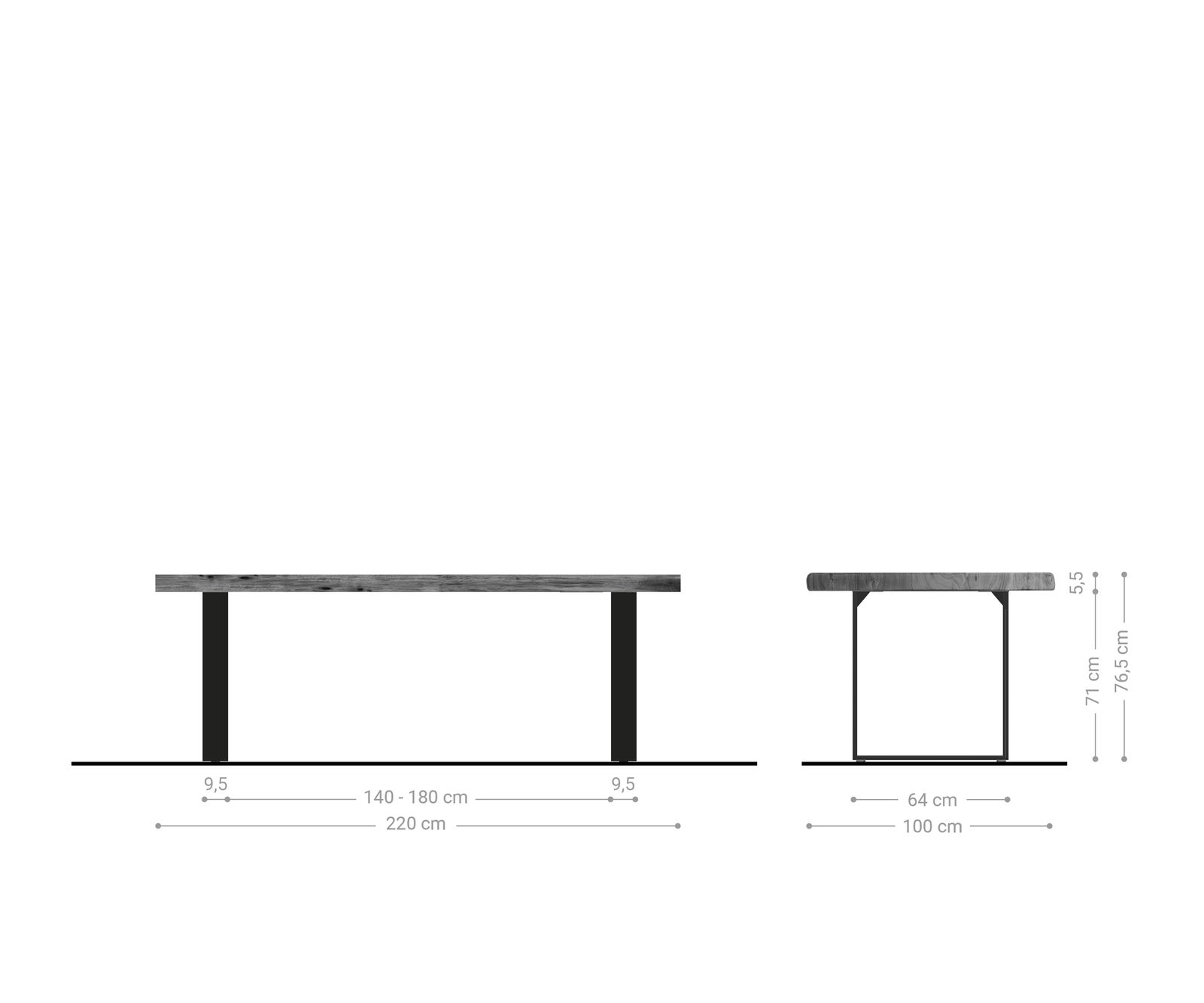 Esstisch Edge 220x100cm XL Akazie Platin Edelstahl schmal Live-Edge 5