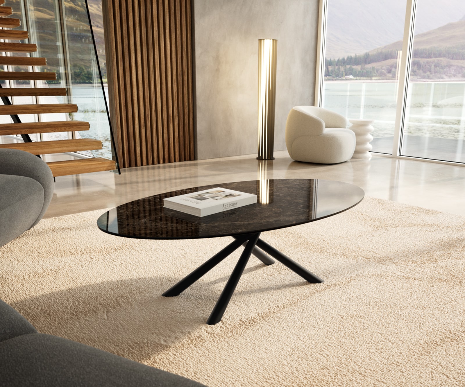 Couchtisch Edge Oval 140x80 cm Keramik Emperador Extra Lucidato Dunkelbraun Sarity Metall Schwarz