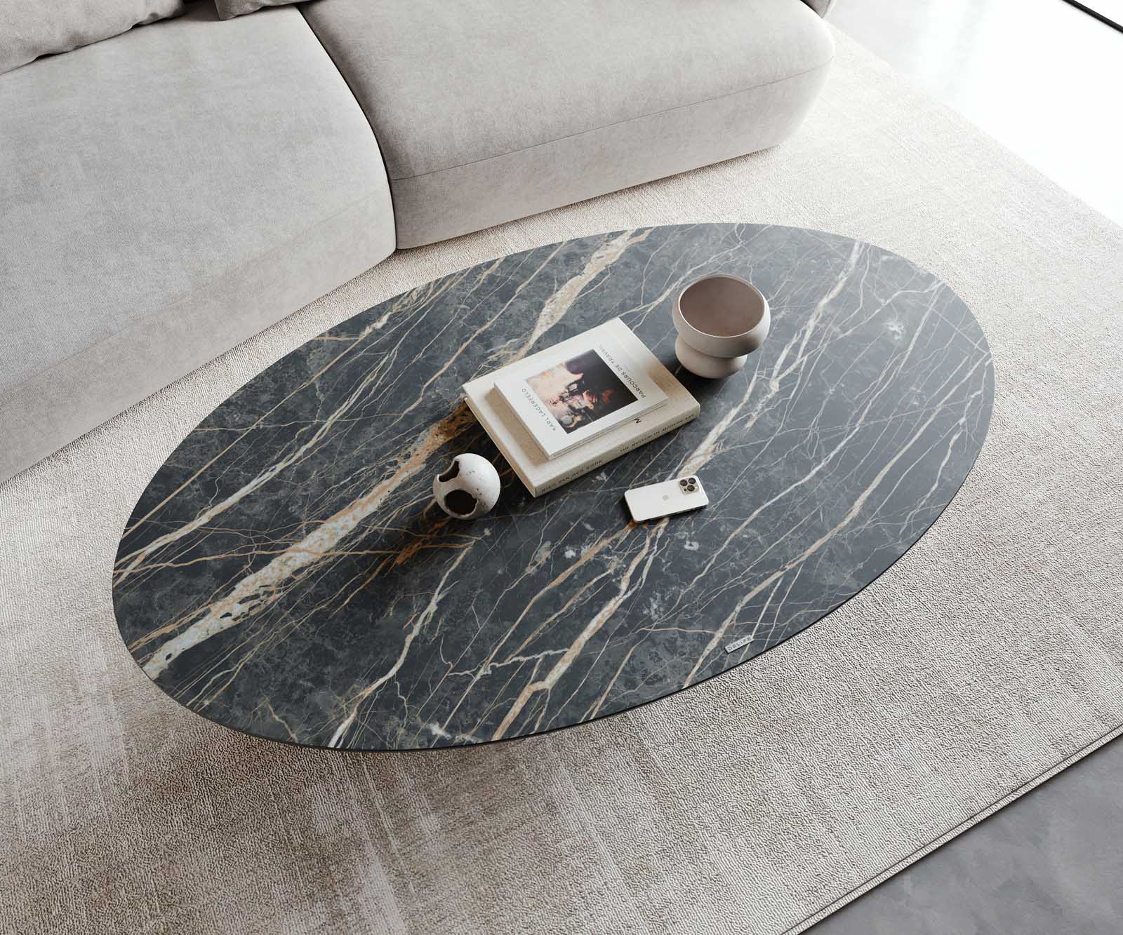 Couchtisch Casilda 150x90 cm Keramik Laminam®Noir Desir Braun Mittelfuß Effektfinish Titan 6