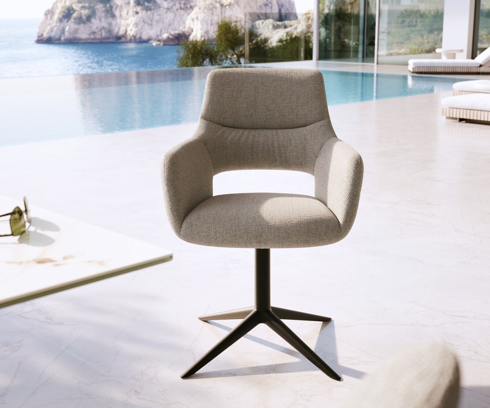 Outdoorstuhl Yago-Flex mit Armlehnen Strukturstoff Grau-Weiß Fußkreuz Schwarz 360° drehbar Wippfunktion 1