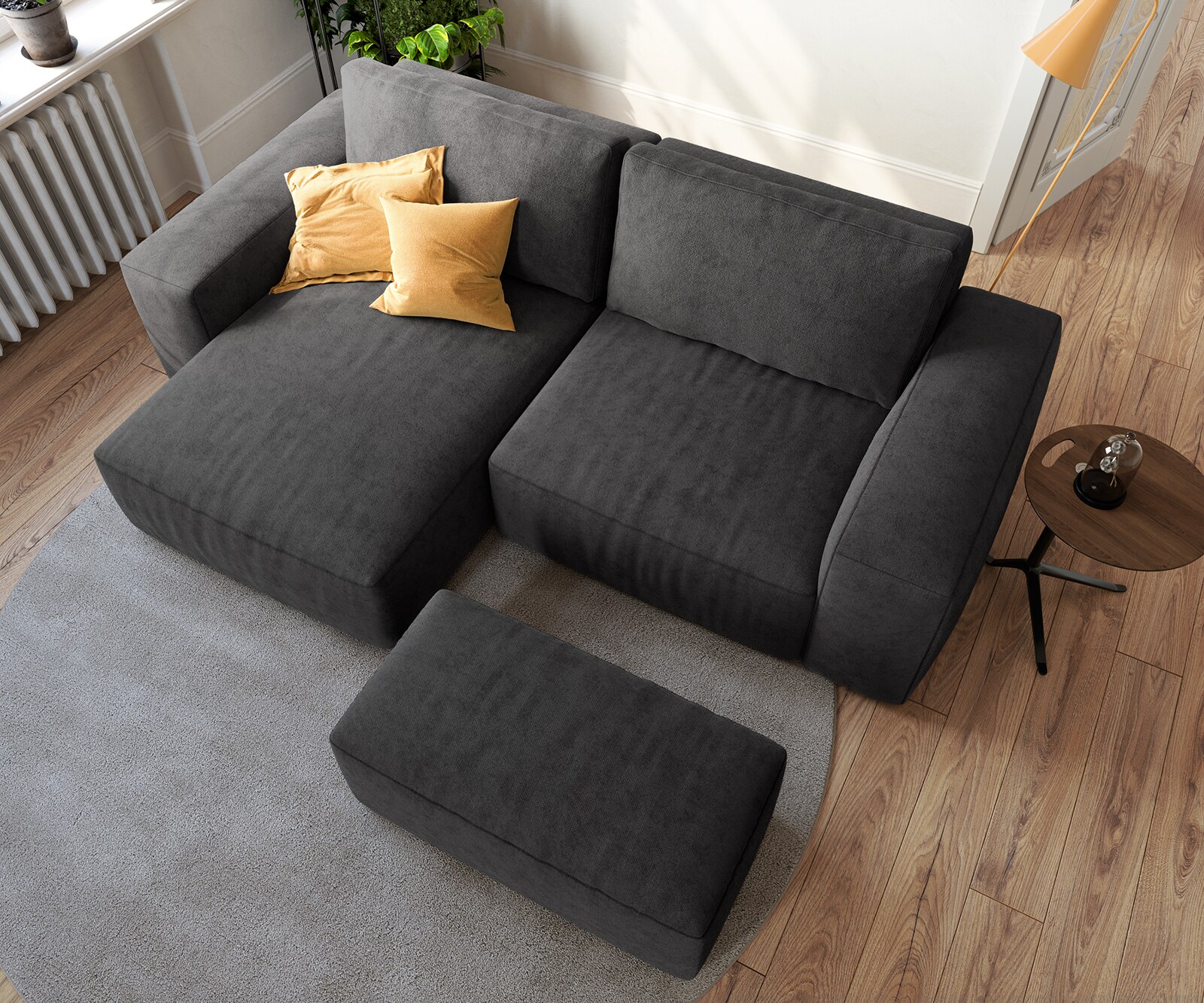 Ecksofa Lanzo 230x155 cm Mikrofaser Schwarz Recamiere variabel mit Hocker 3