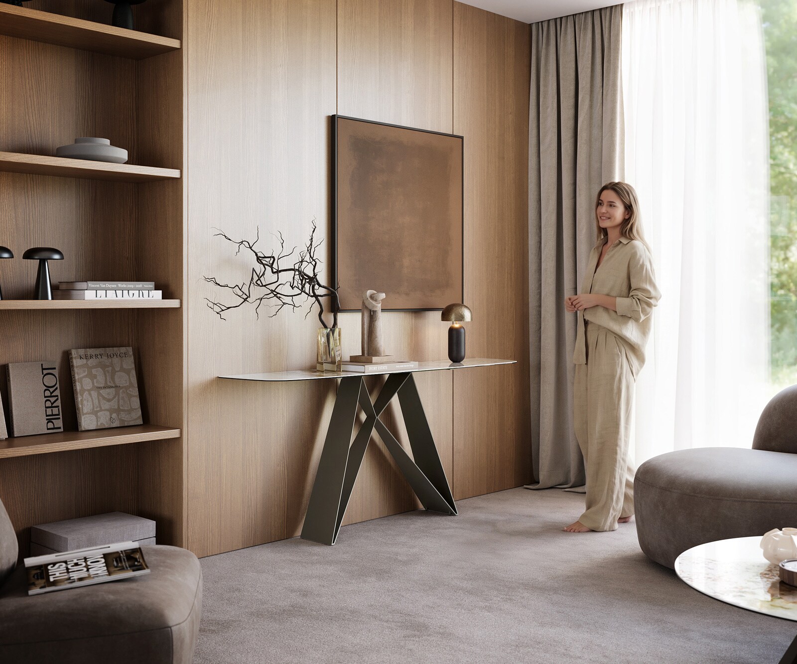 Konsolentisch Edge Boot 180x40 cm Keramik Minas Melange Weiß-Beige Velio Metall Effektfinish Titan 6
