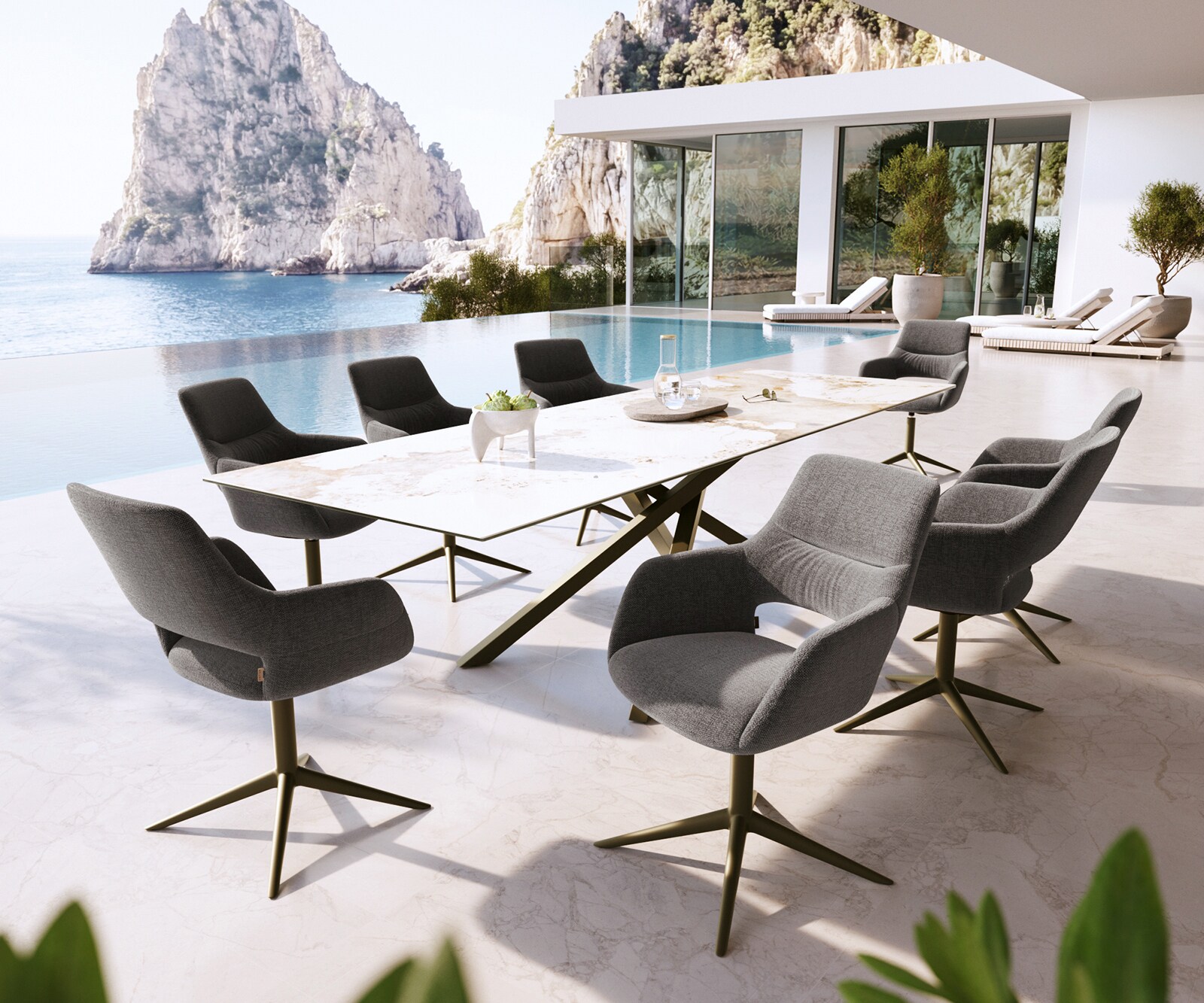 Outdoorstuhl Yago-Flex mit Armlehnen Strukturstoff Graphit Fußkreuz Effektfinish Titan 360° drehbar Wippfunktion 3