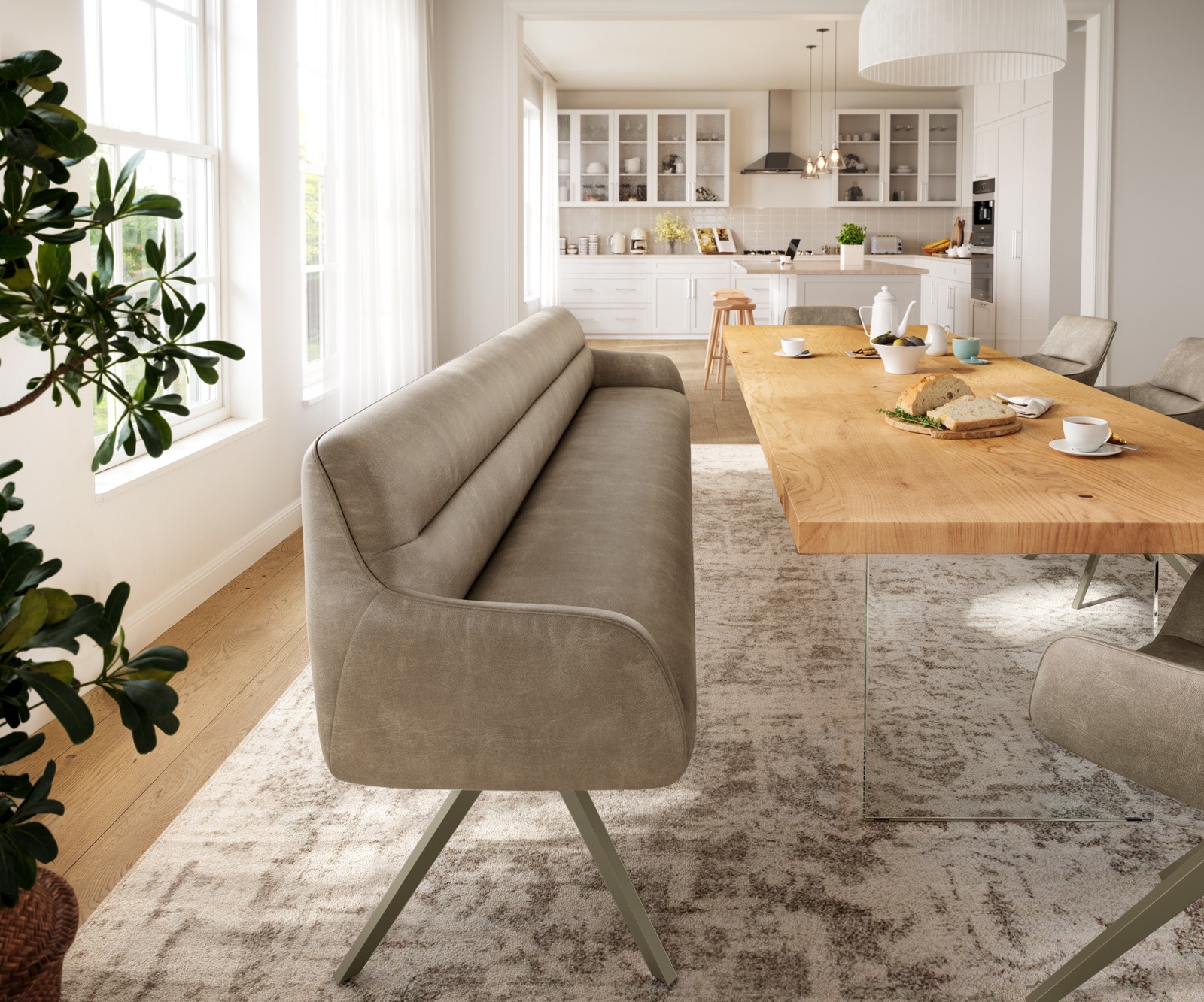 Esszimmerbank Taya-Flex 300 cm Mikrofaser Beige Vintage Kreuzgestell kantig Effektfinish Titan Taschenfederkern 1