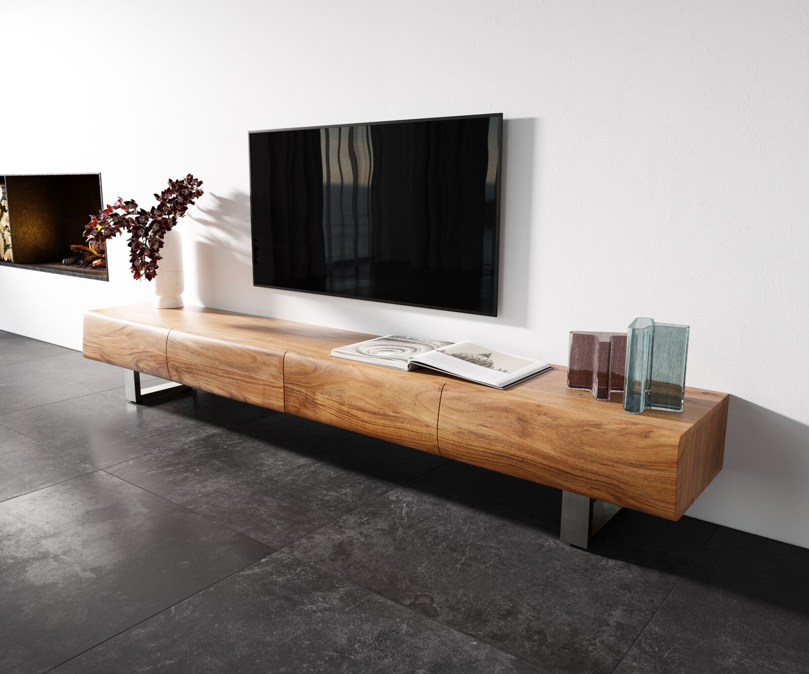 Lowboard New Live-Edge 240 cm Akazie Natur 4 Schubladen Kufe Edelstahl gebürstet