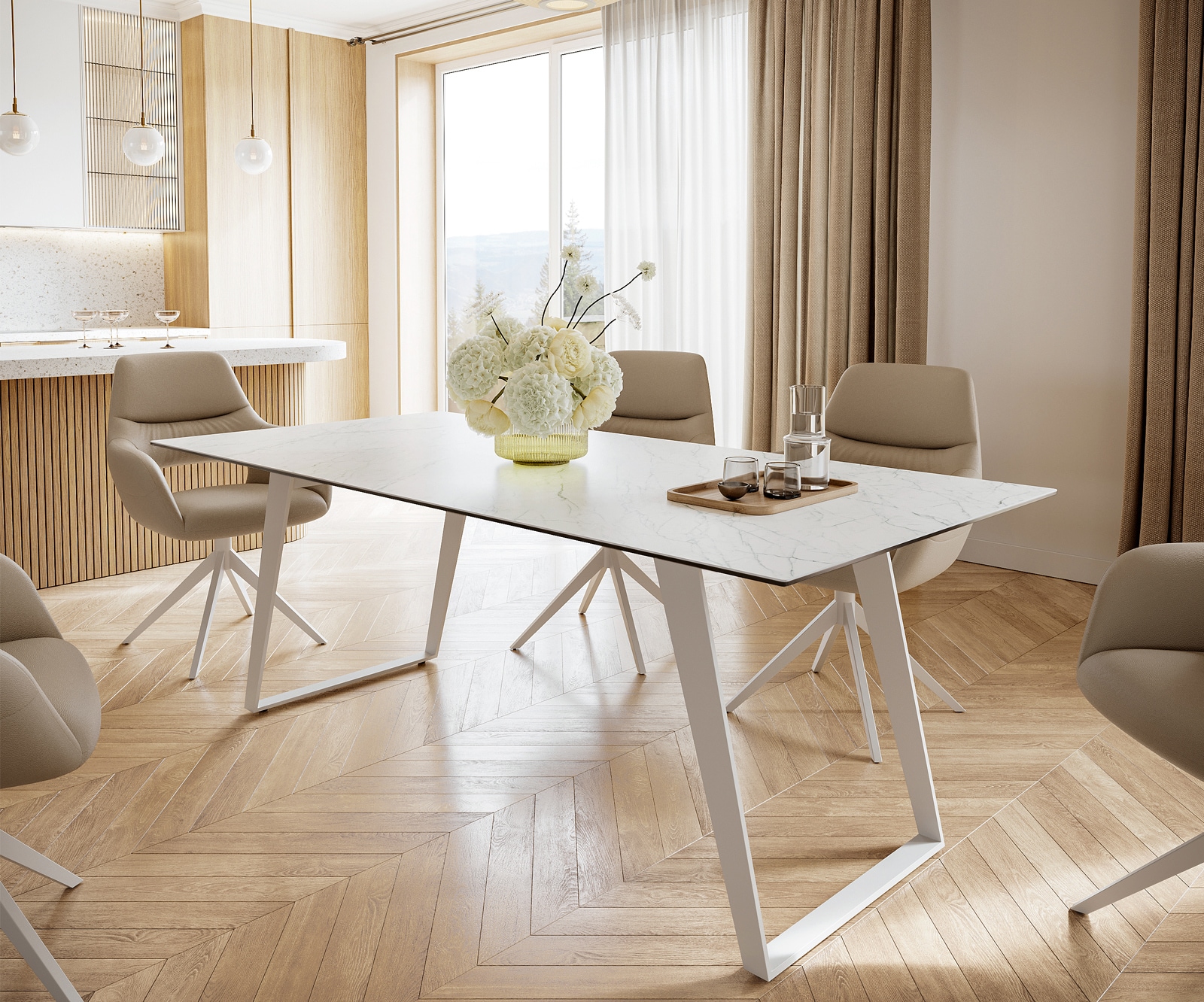 Esstisch Edge 200x100 cm Keramik Laminam® Statuarietto Weiß Metall Schräg Weiß