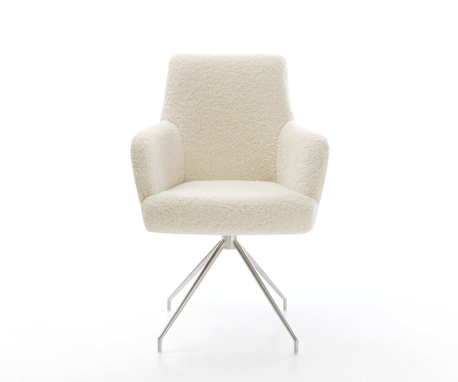 Esszimmerstuhl Heira-Flex mit Armlehnen Teddystoff Beige Kreuzgestell konisch Edelstahl Taschenfederkern 2