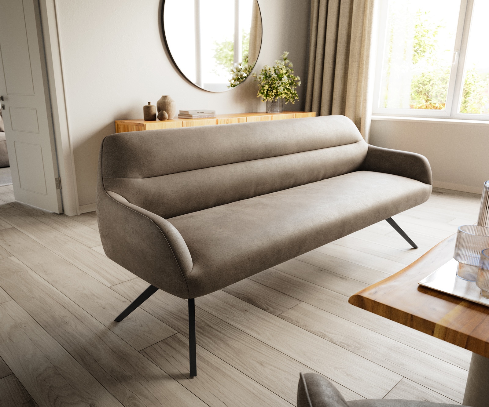 Esszimmerbank Taya-Flex 200 cm Mikrofaser Taupe Vintage Kreuzgestell kantig Schwarz Taschenfederkern