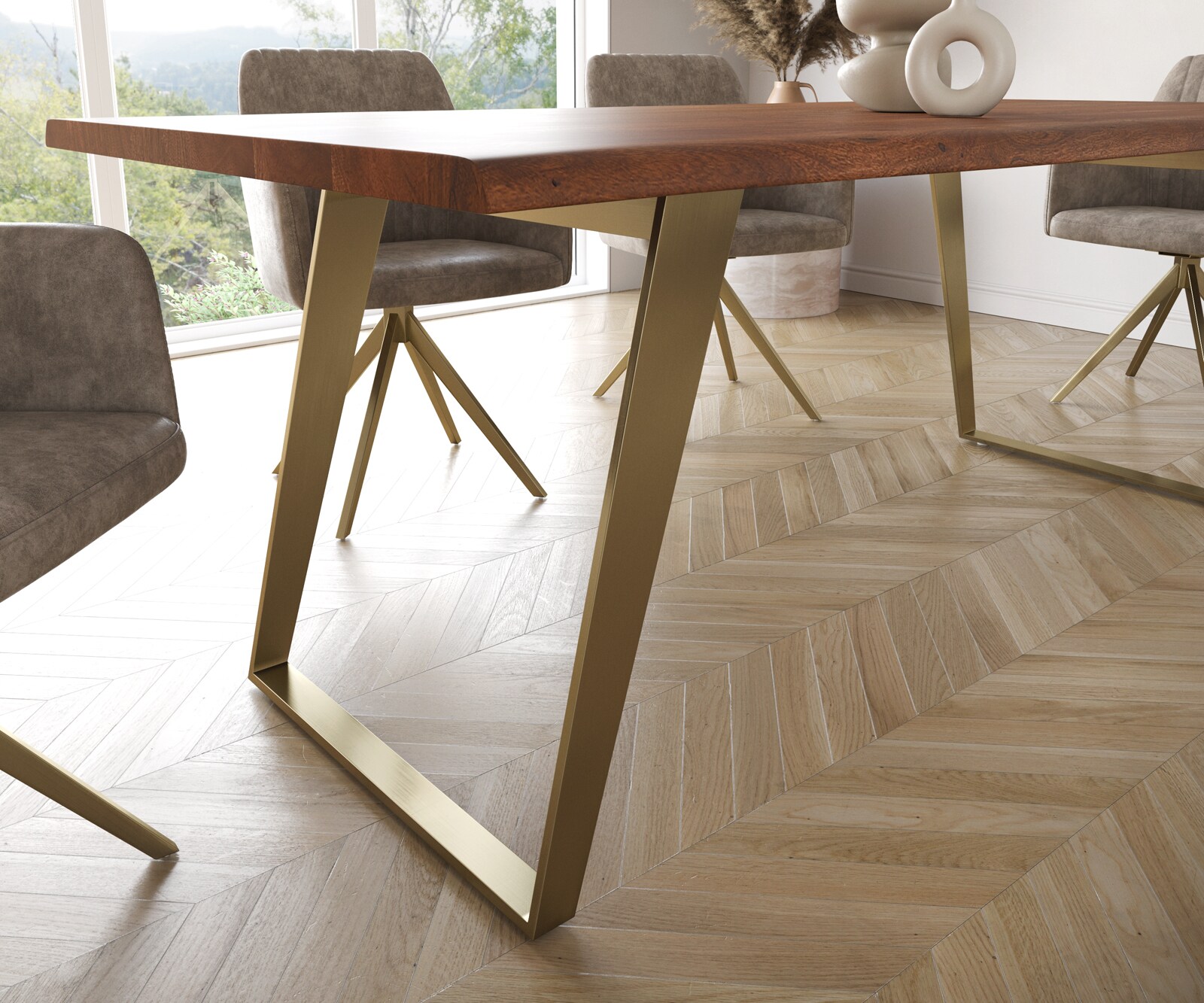Esstisch Edge 200x100 Akazie Braun Edelstahl Gold Schräg Live-Edge 6