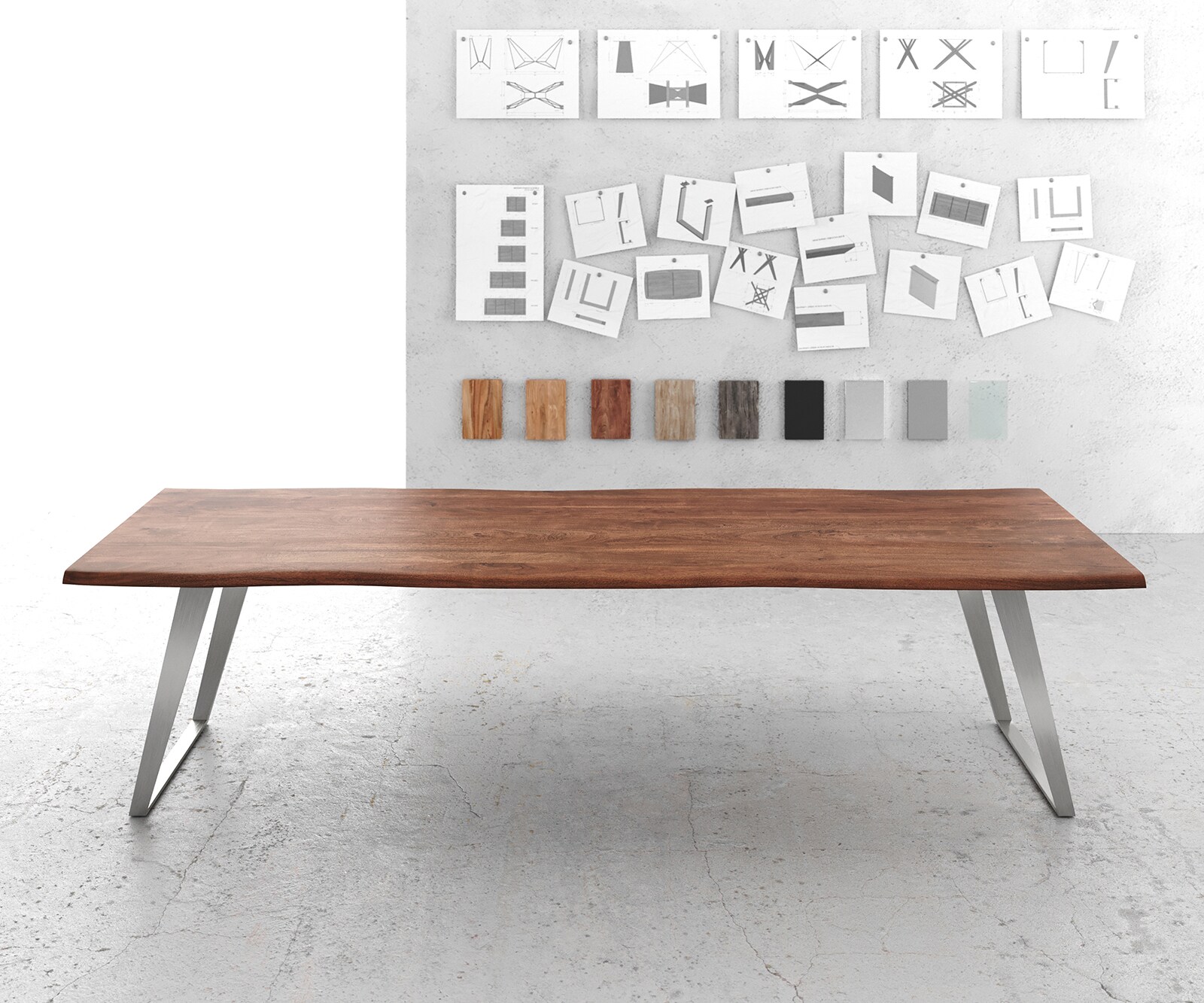 Esstisch Edge 300x100cm Akazie Braun Edelstahl Silber schräg Live-Edge 1